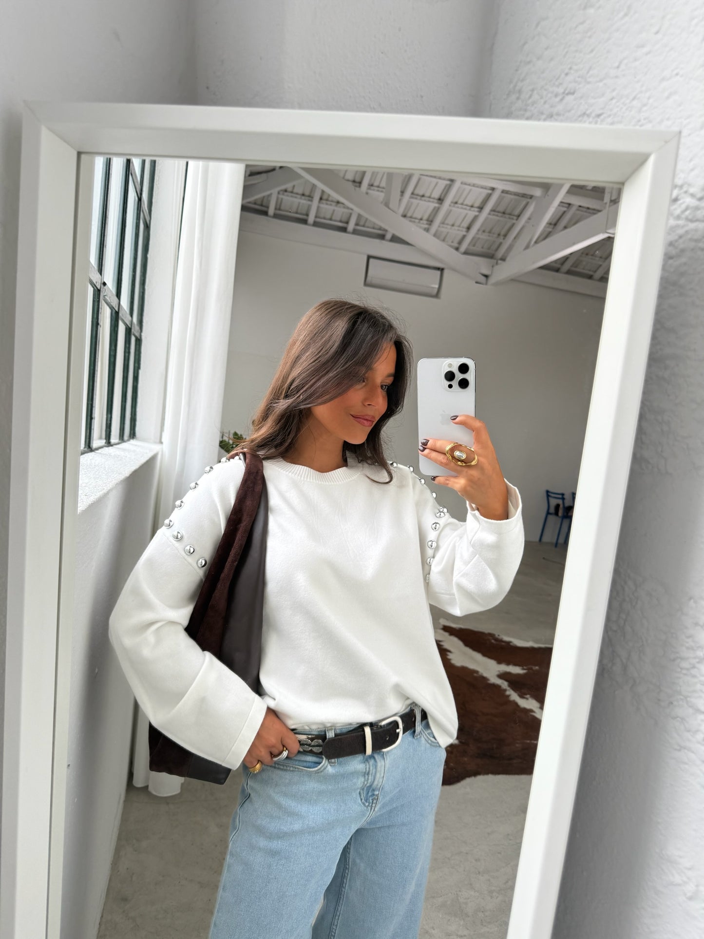 Sweater With Side Studs in White
