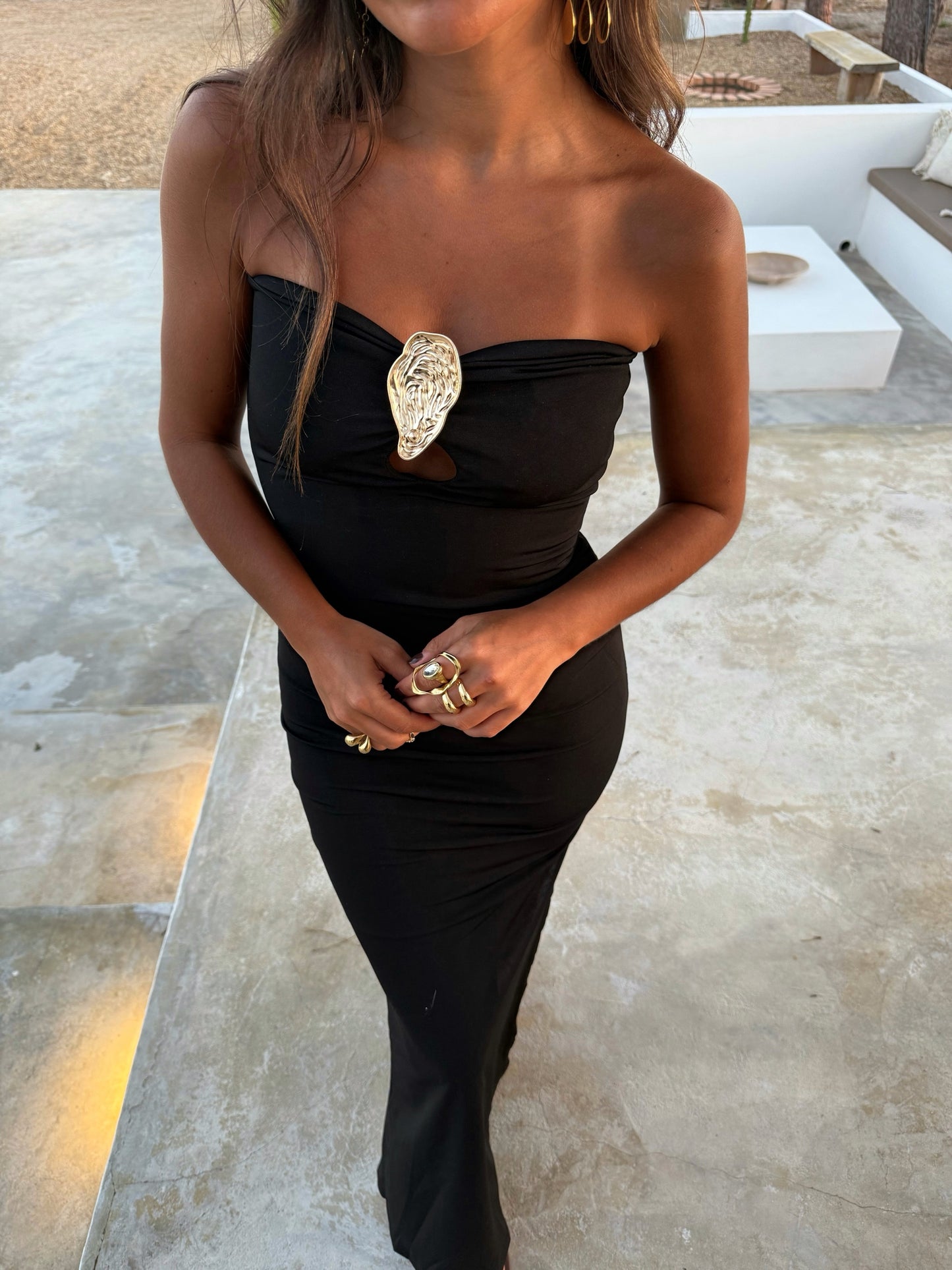 Strapless Black Dress With Gold Detail