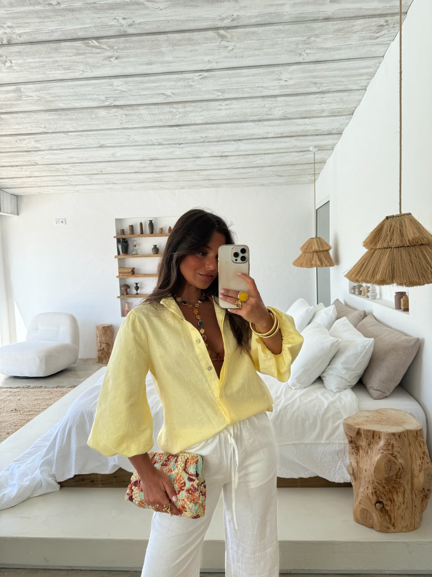 Balloon Sleeve Linen Blouse in Light Yellow
