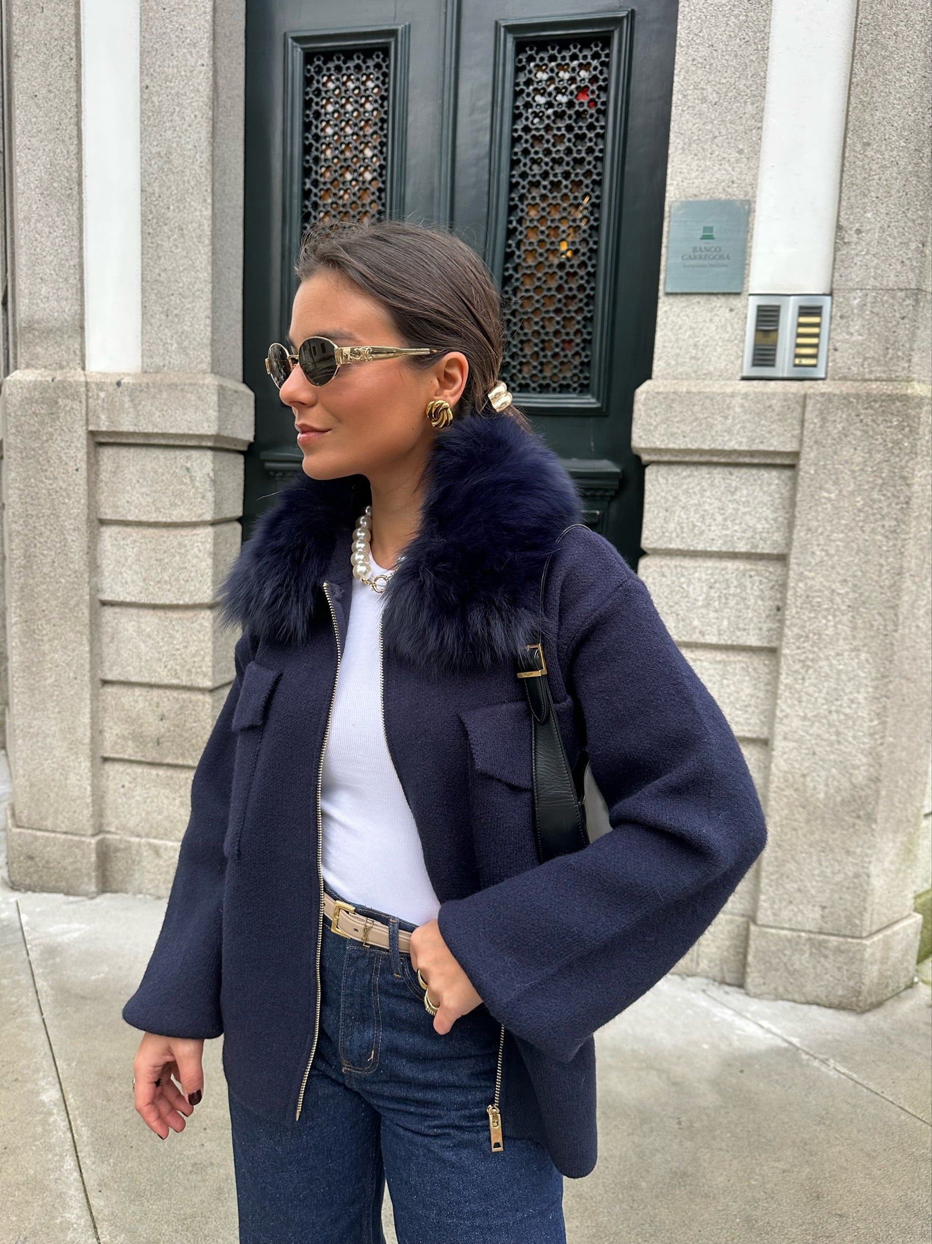 Cashmere Wool Jacket with Fur in Navy Blue – MARTÏ Collection