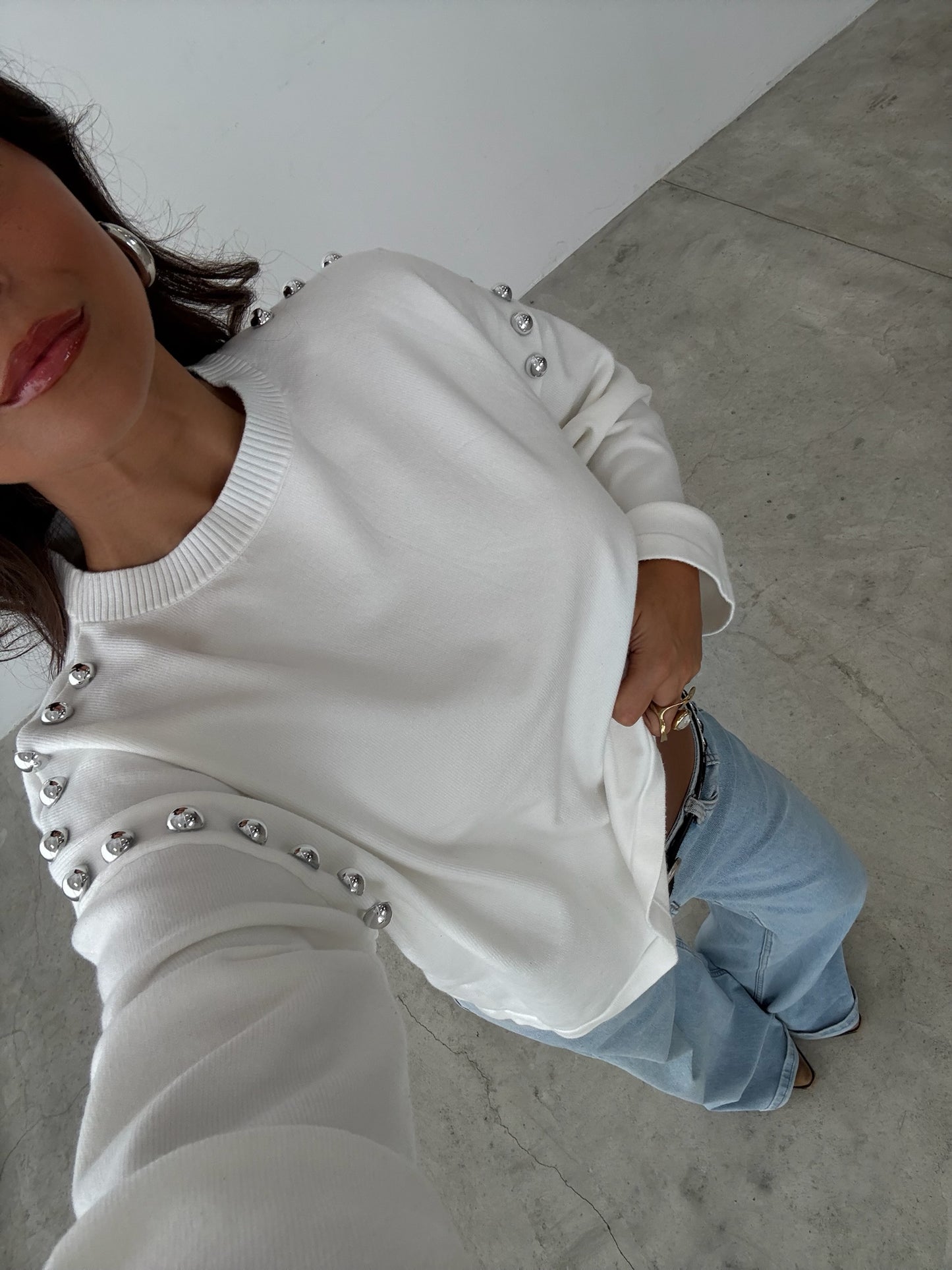 Sweater With Side Studs in White