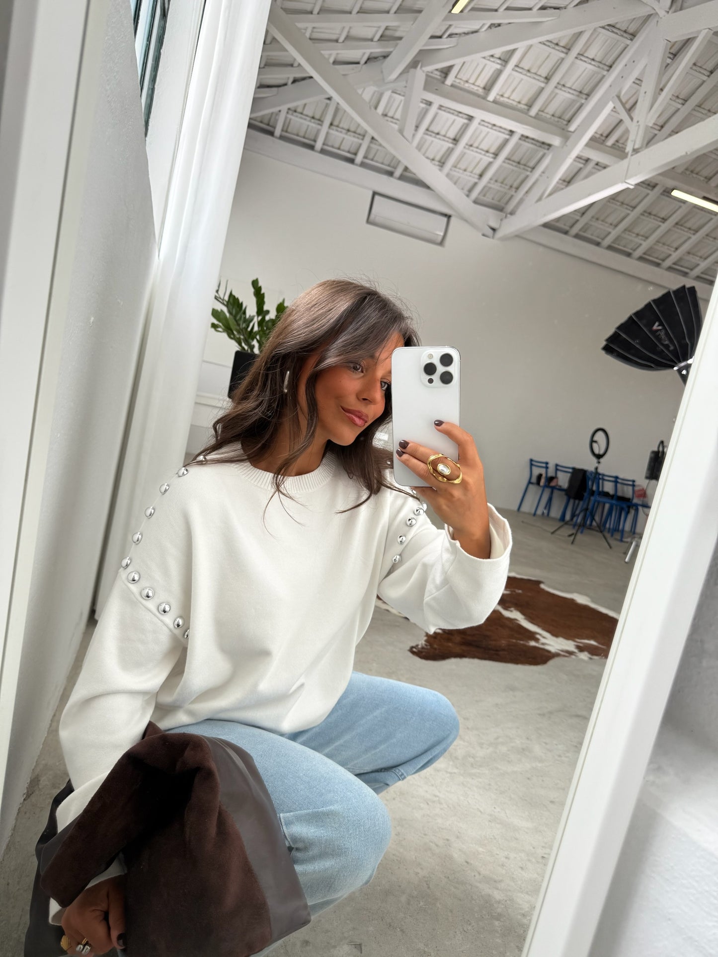 Sweater With Side Studs in White