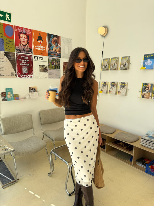 White Midi Skirt in Mesh With Polka Dot