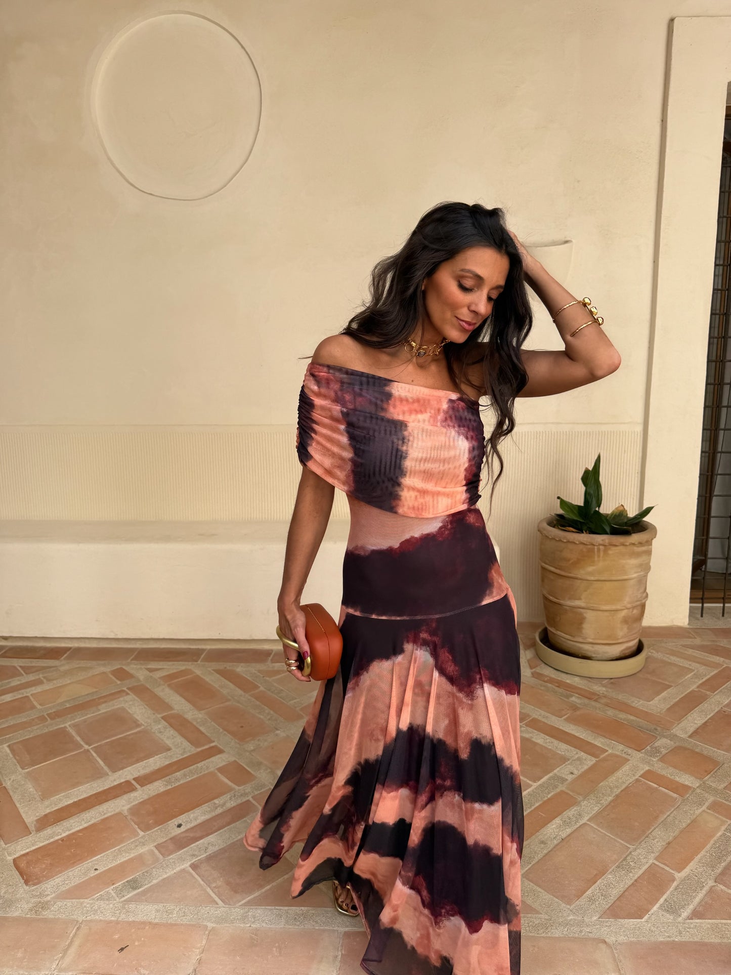 Toledo Dress in Orange and Brown Printed