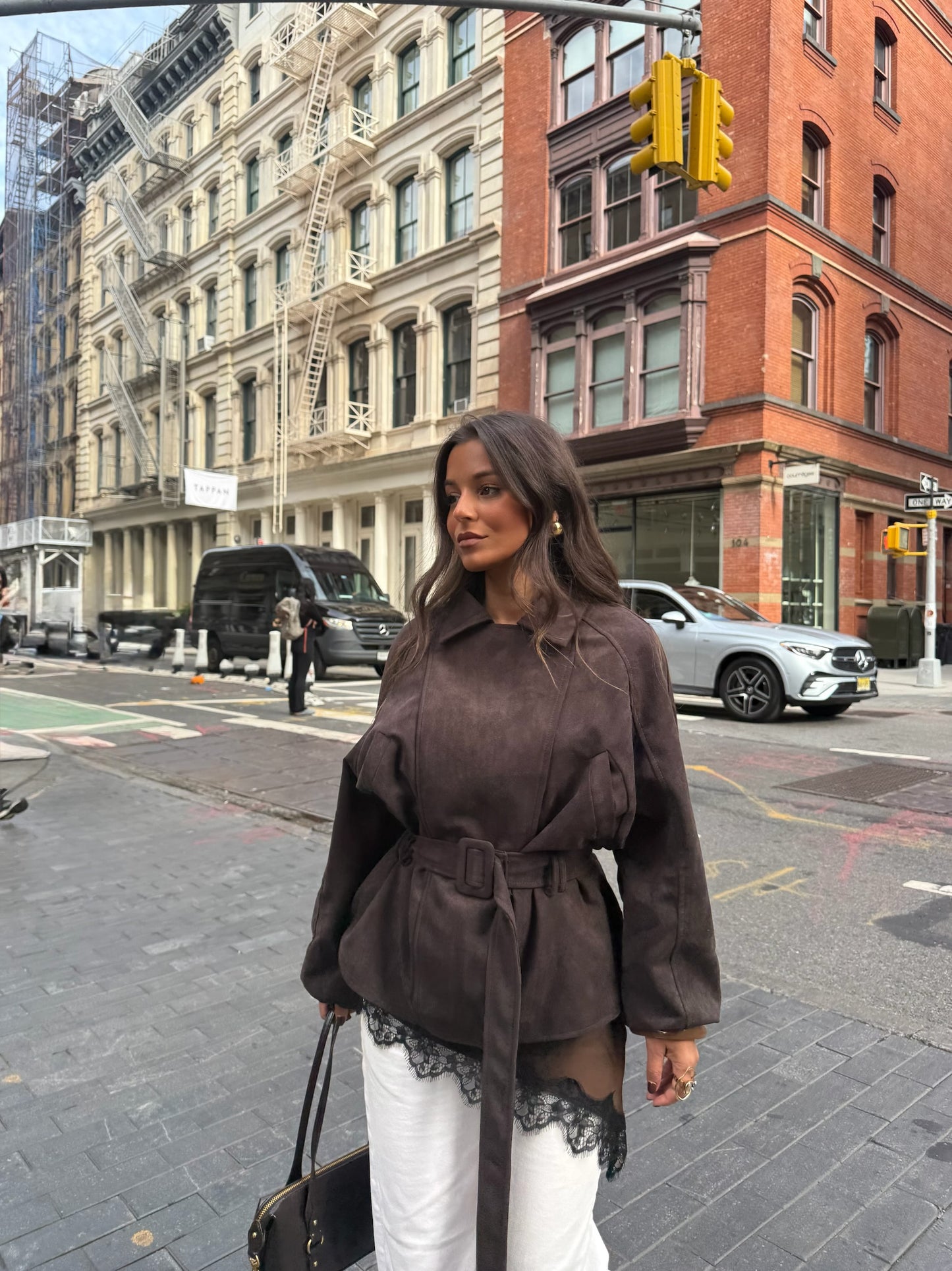 SoHo Suede Belted Jacket in Brown
