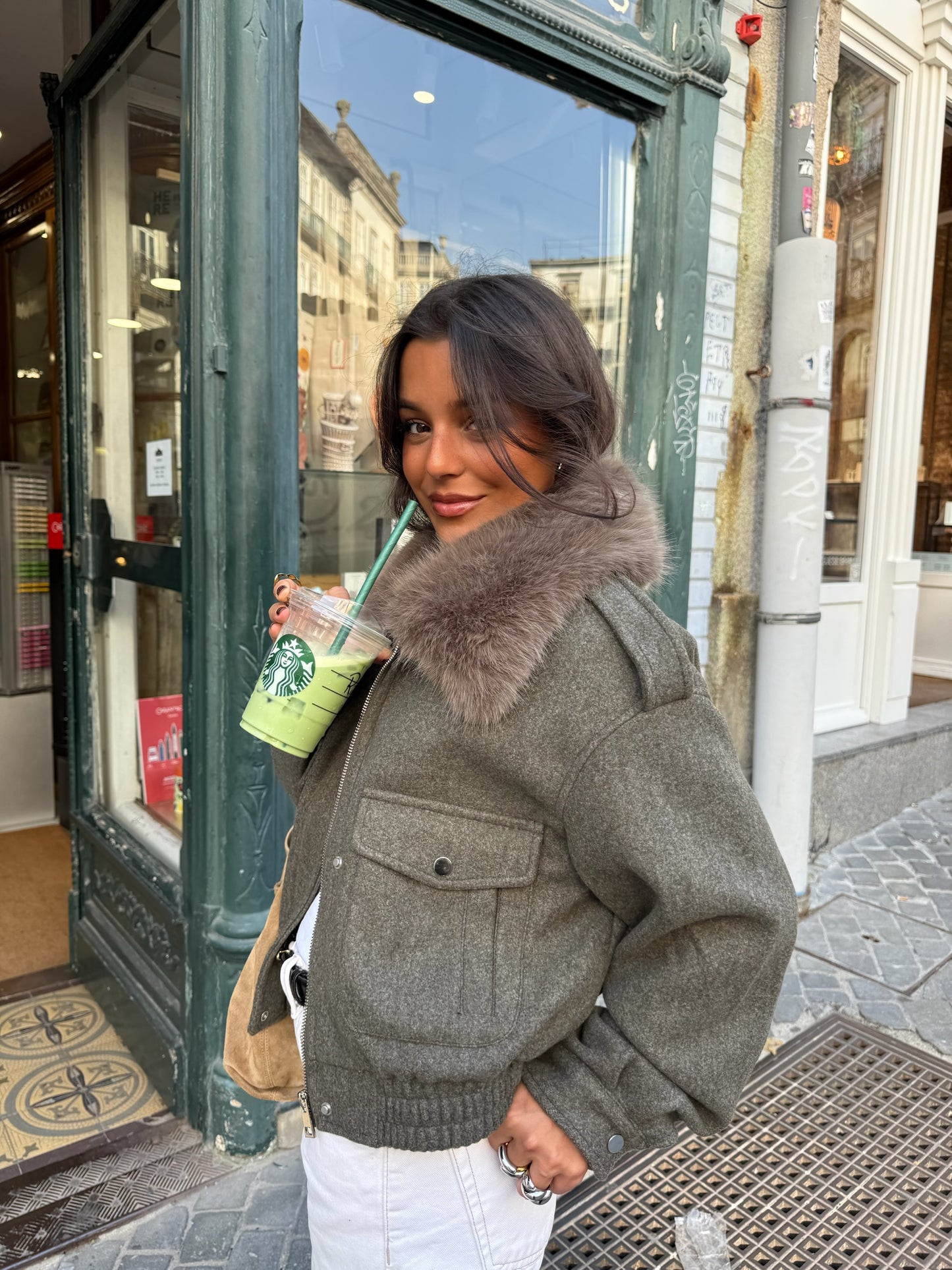 Green Cropped Fur Collar Jacket