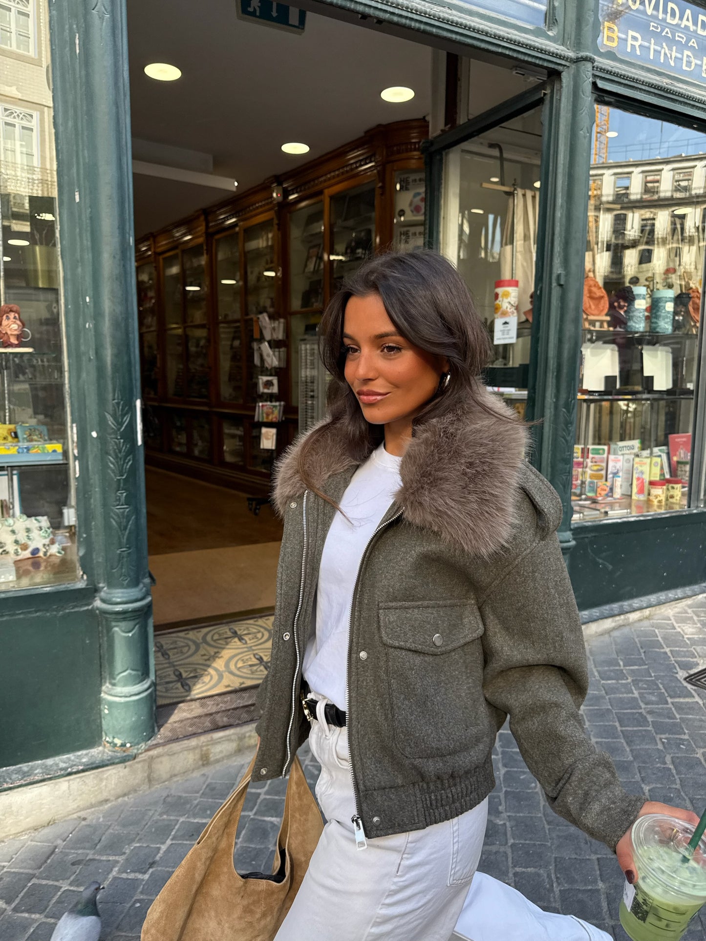 Green Cropped Fur Collar Jacket