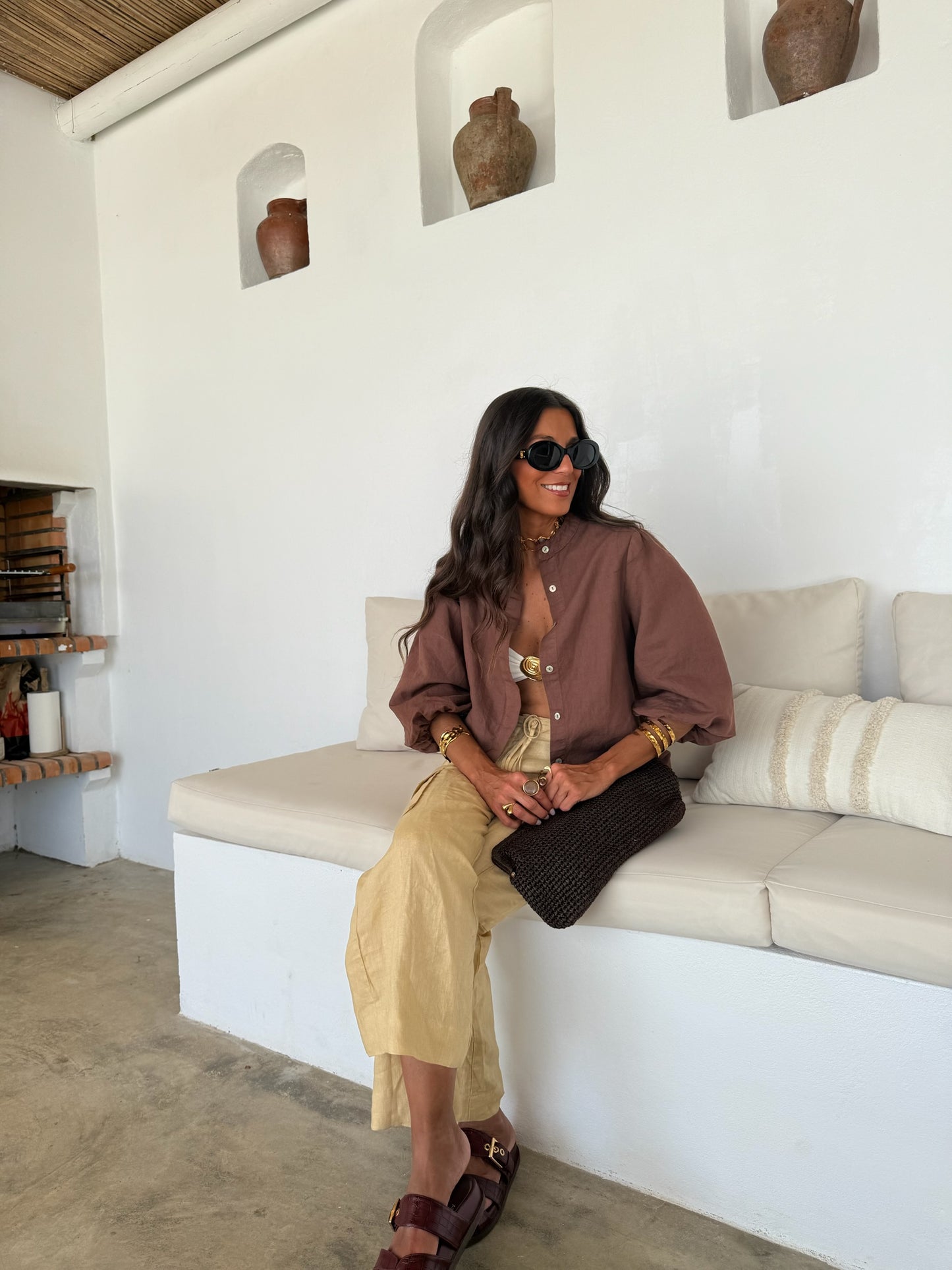 Balloon Sleeve Linen Blouse in Brown