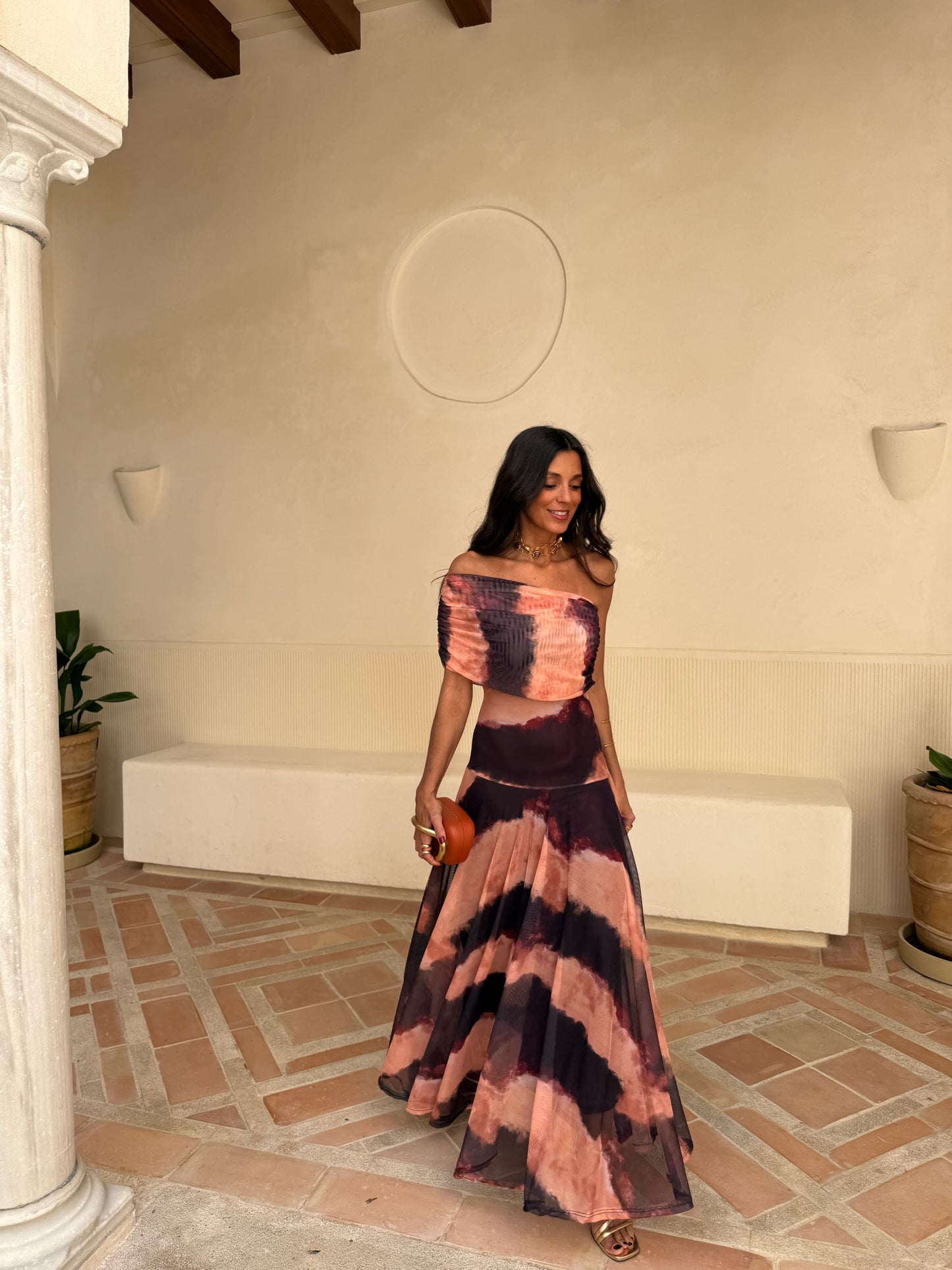 Toledo Dress in Orange and Brown Printed