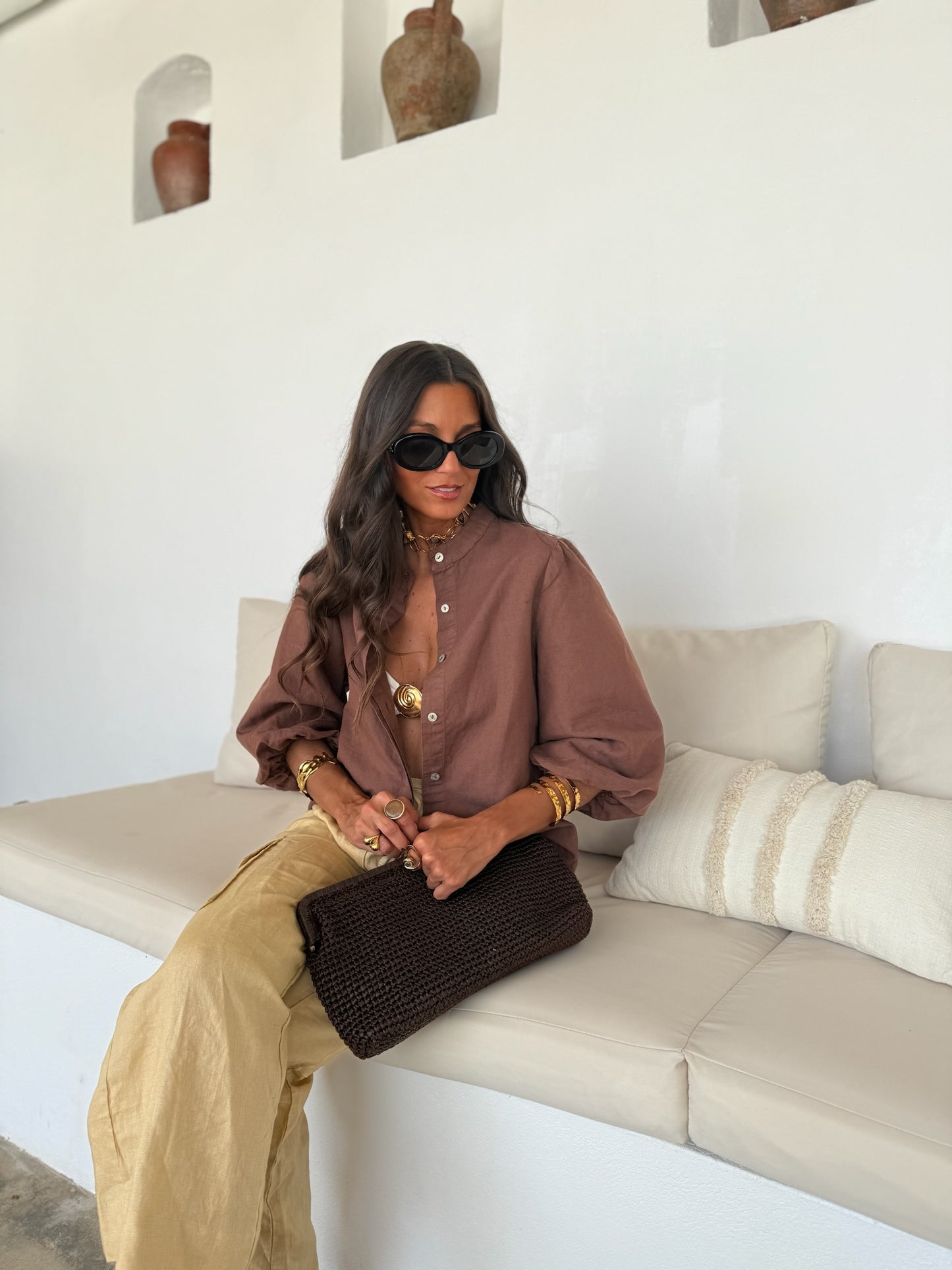 Balloon Sleeve Linen Blouse in Brown