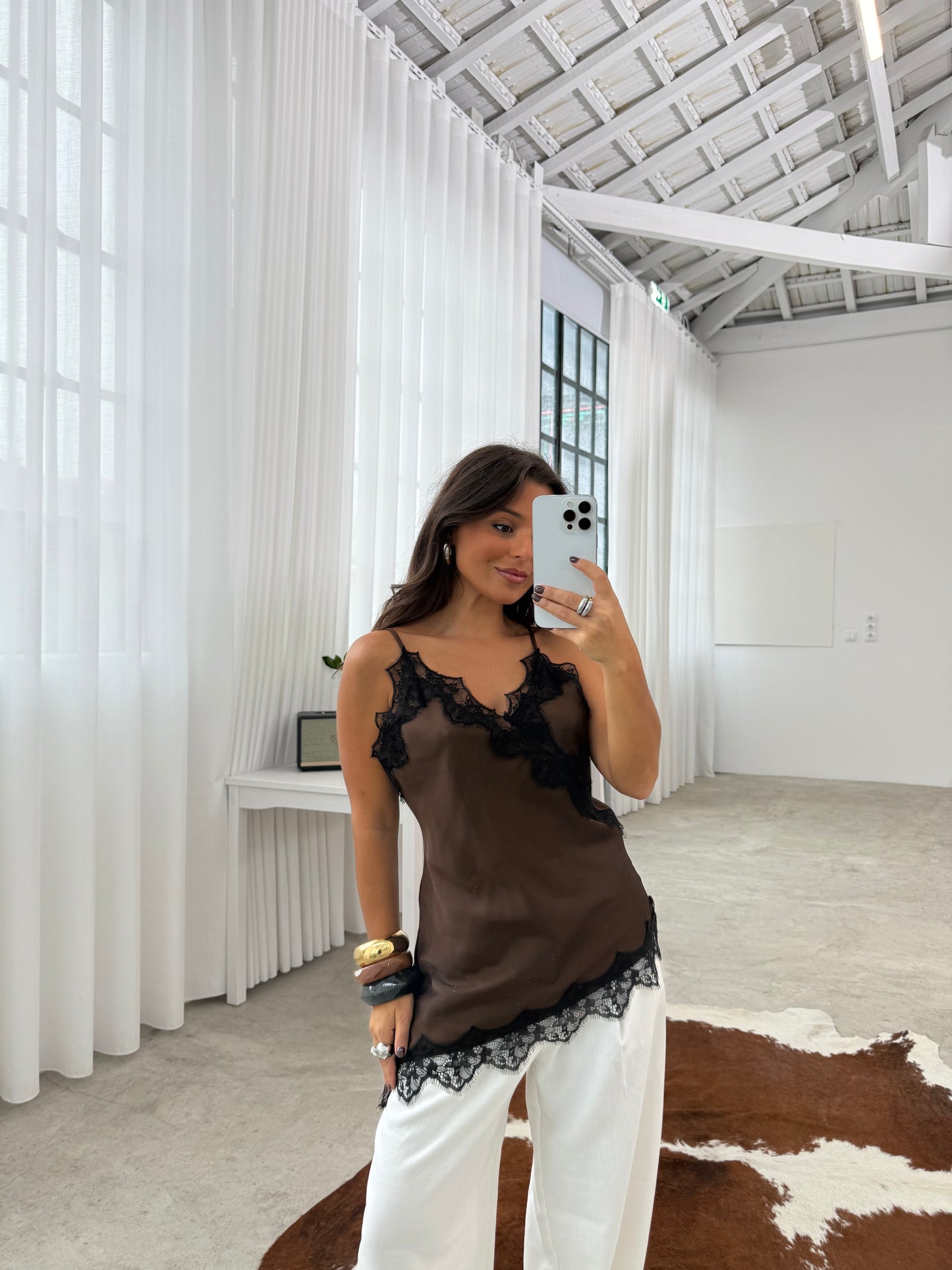 Asymmetric Brown Lace Top