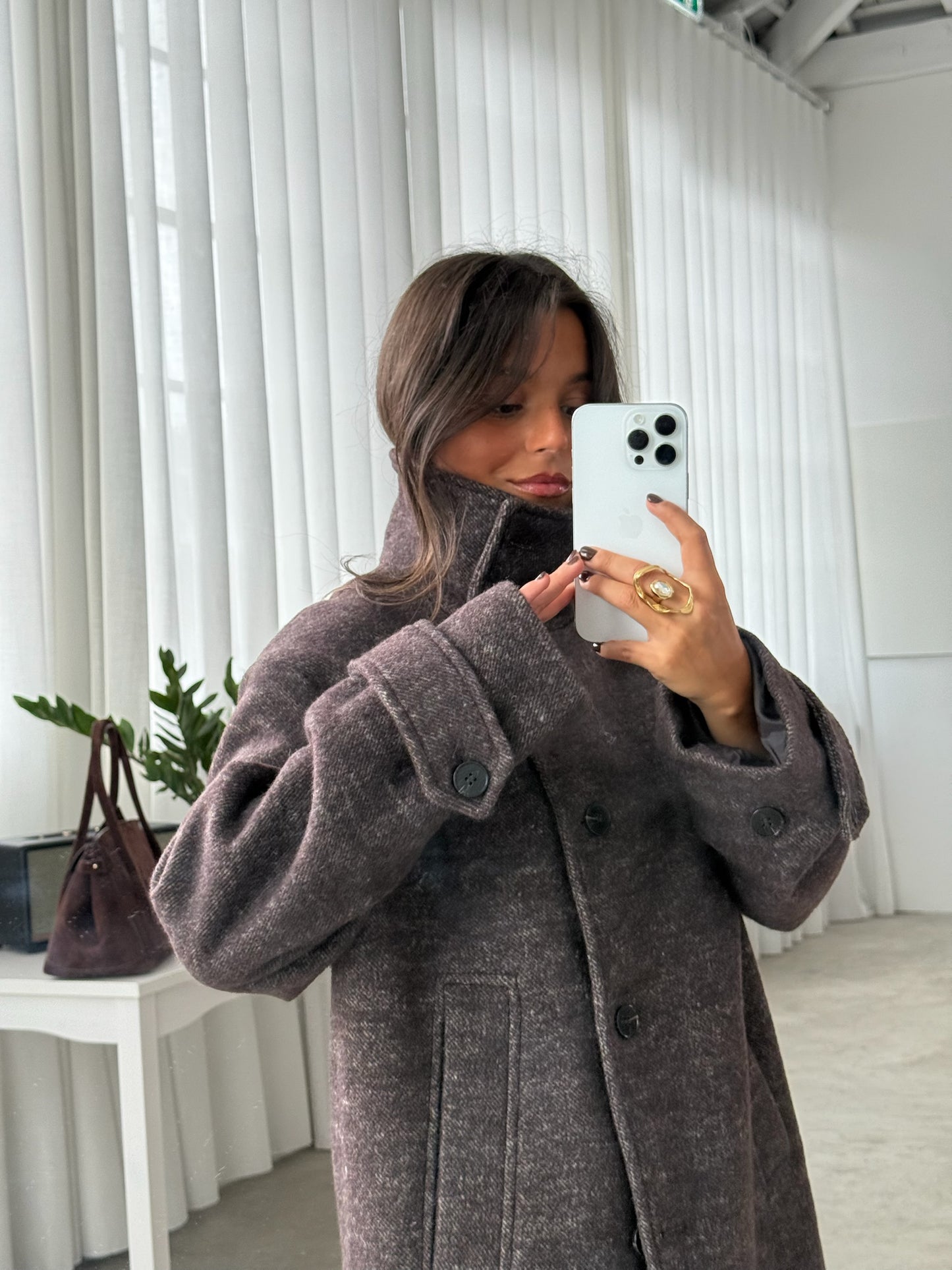 Oversize Wool Cross Coat in Brown