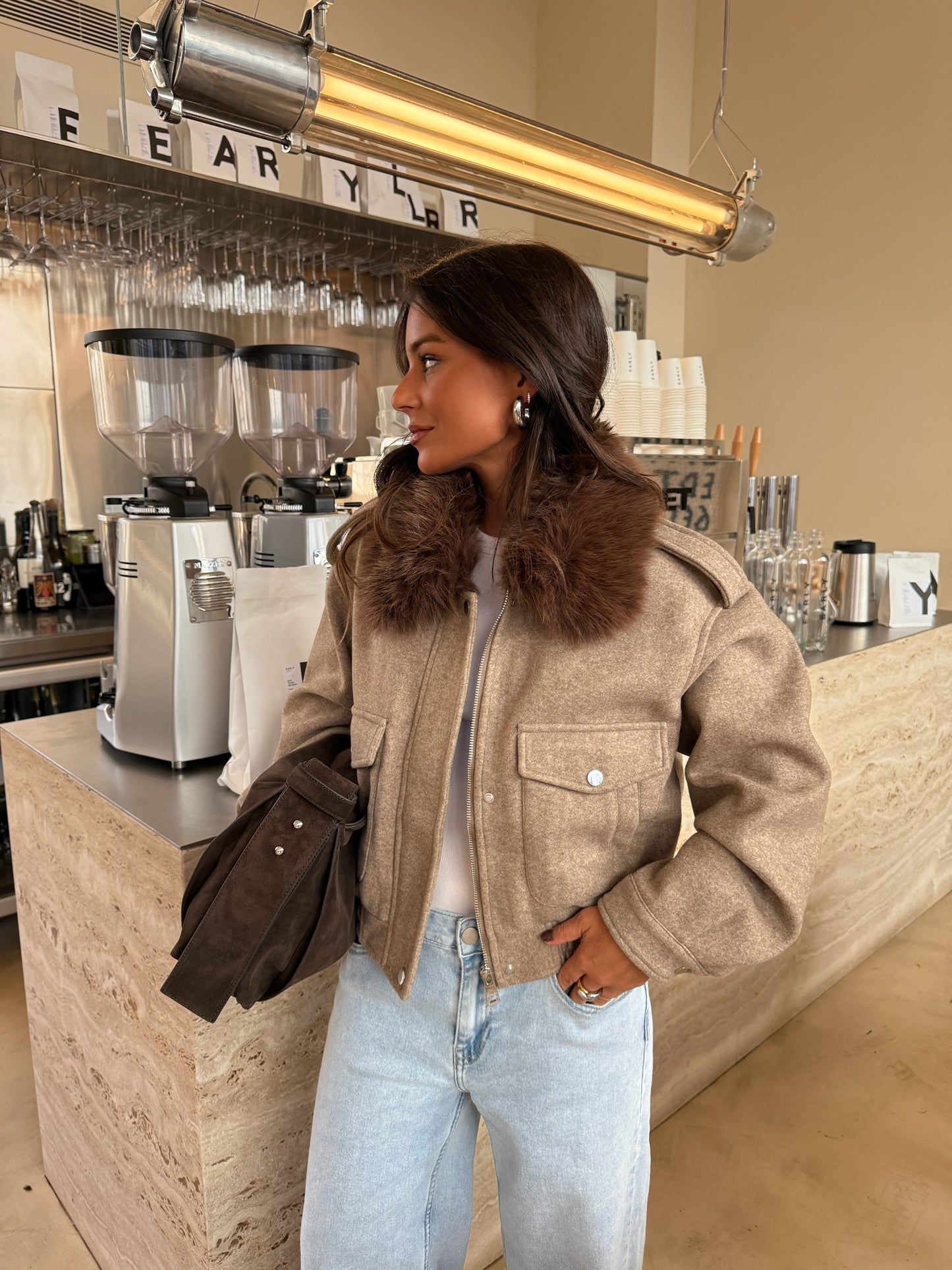 Almond Cropped Fur Collar Jacket