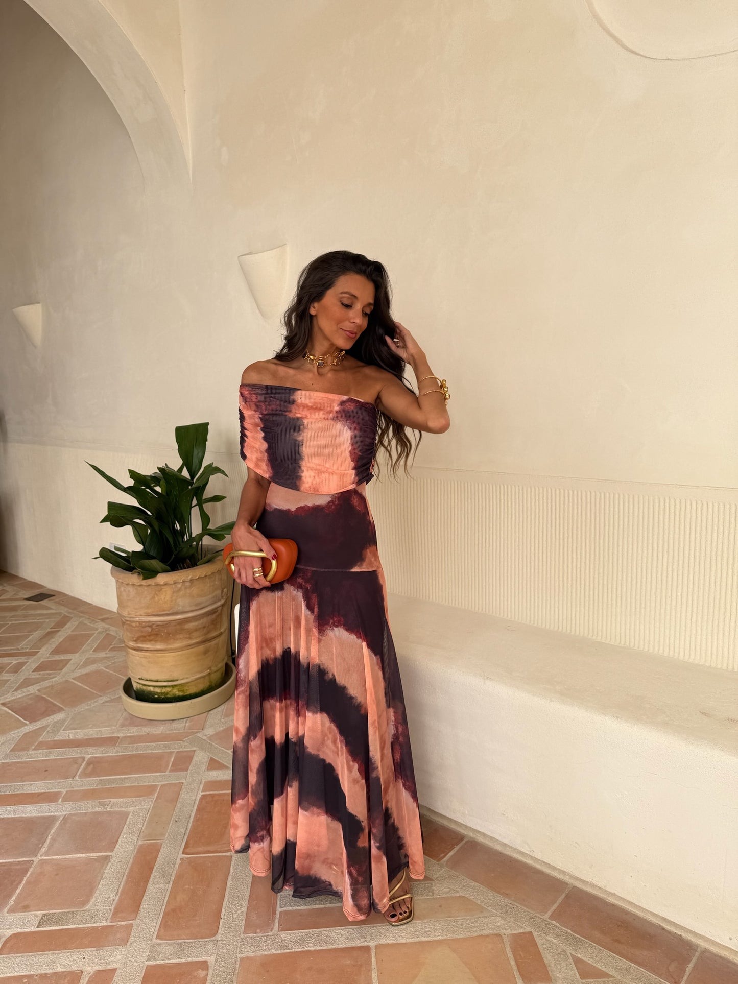 Toledo Dress in Orange and Brown Printed