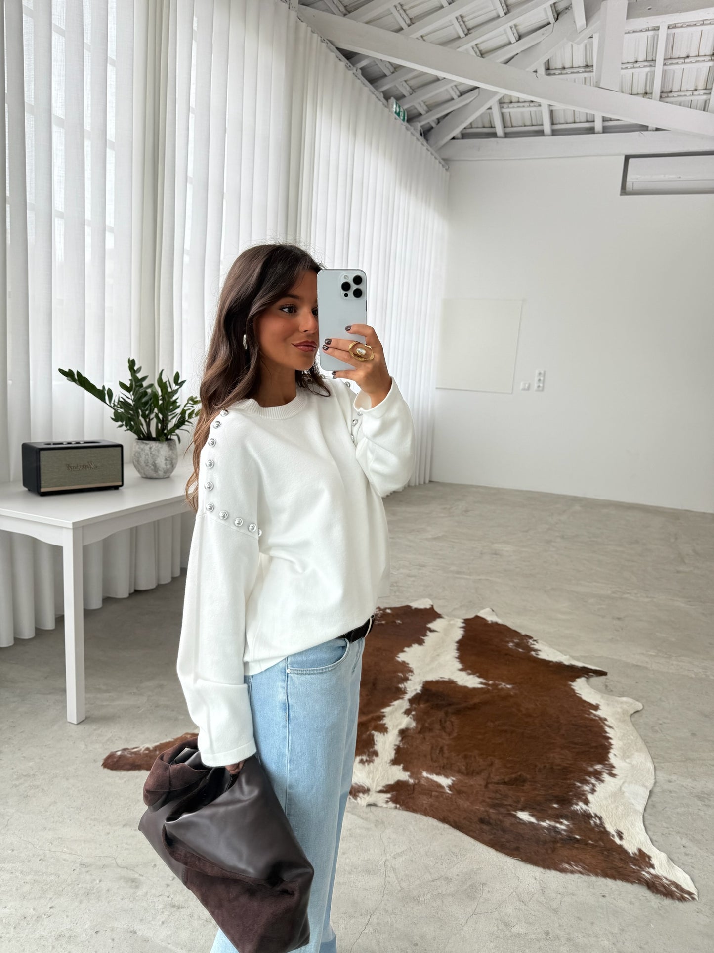 Sweater With Side Studs in White
