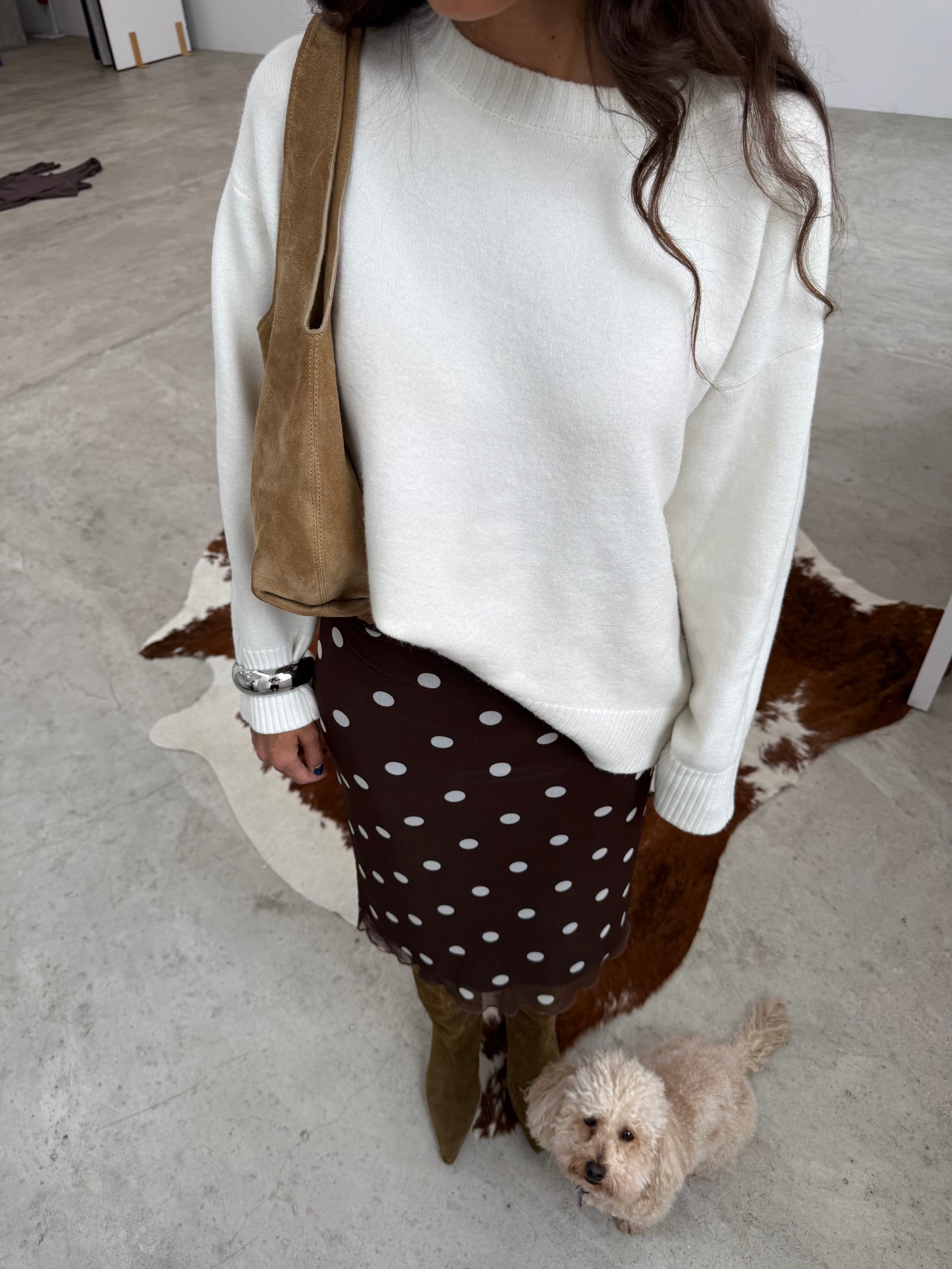 Brown Midi Skirt in Mesh With Polka Dot