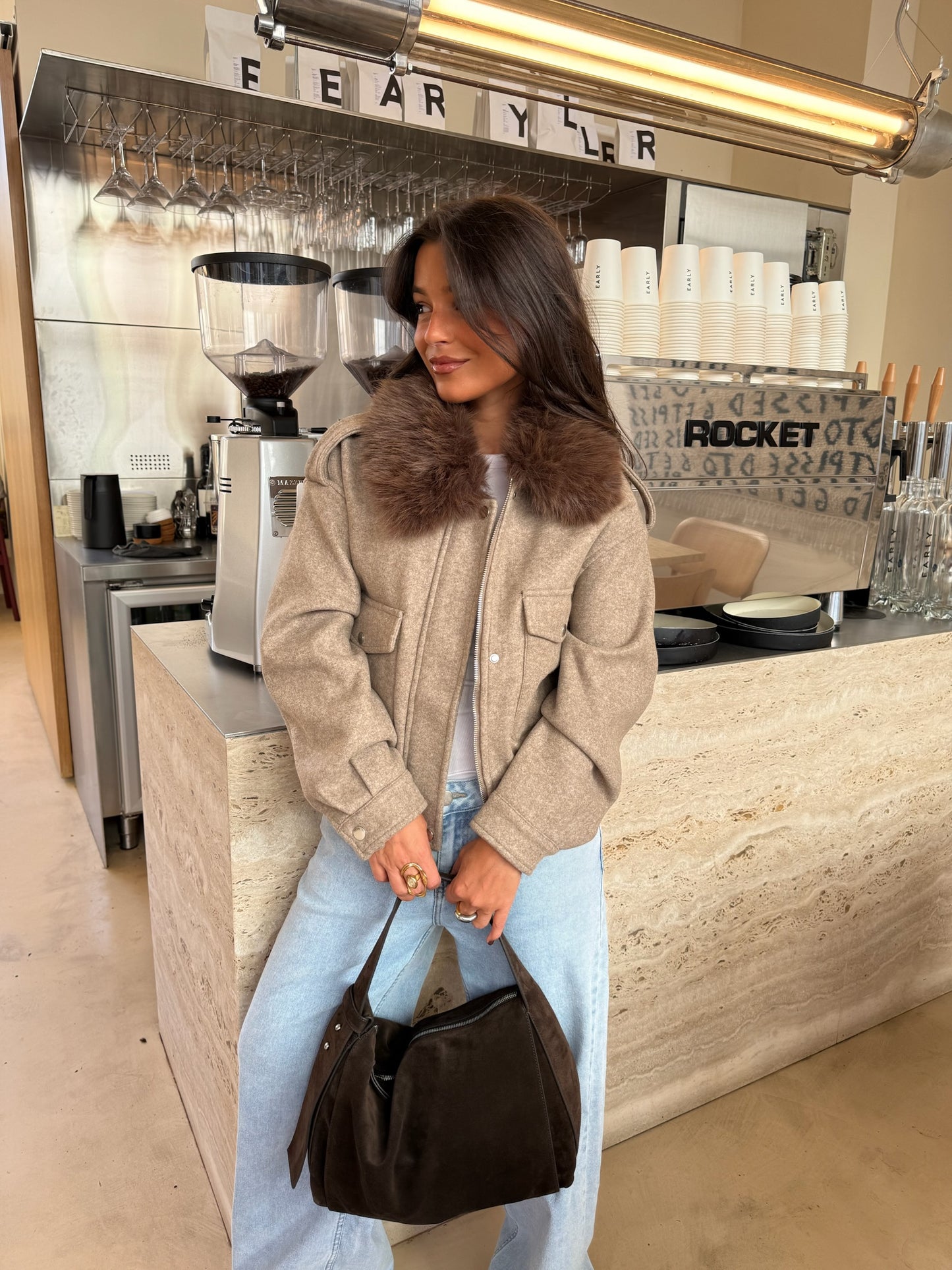 Almond Cropped Fur Collar Jacket