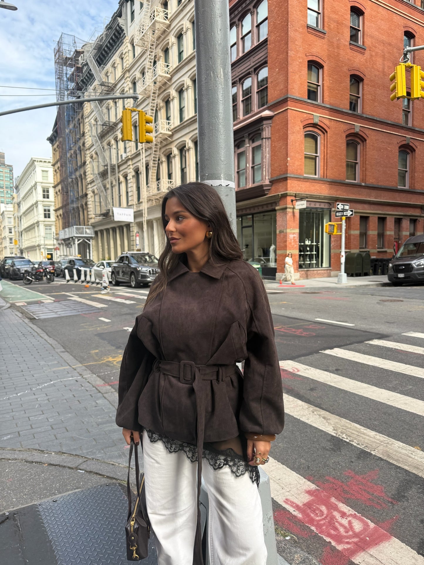SoHo Suede Belted Jacket in Brown