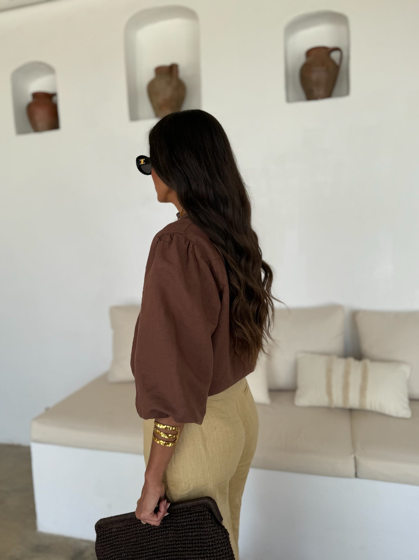 Balloon Sleeve Linen Blouse in Brown