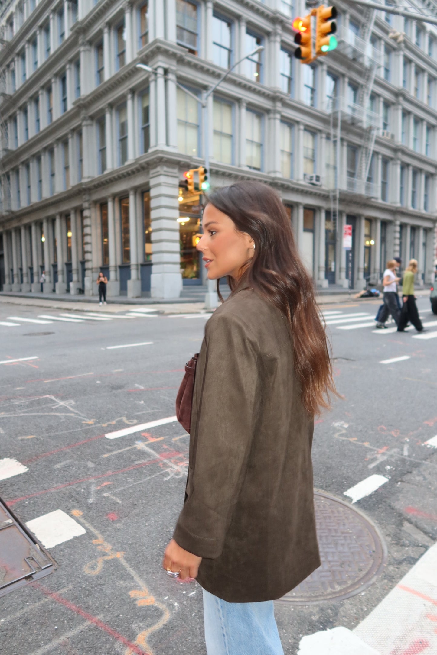 Chelsea Suede Blazer in Olive Green