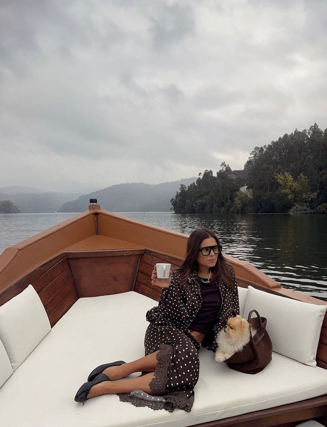 Polka Dot Satin Skirt with Lace Deatil in Dark Brown