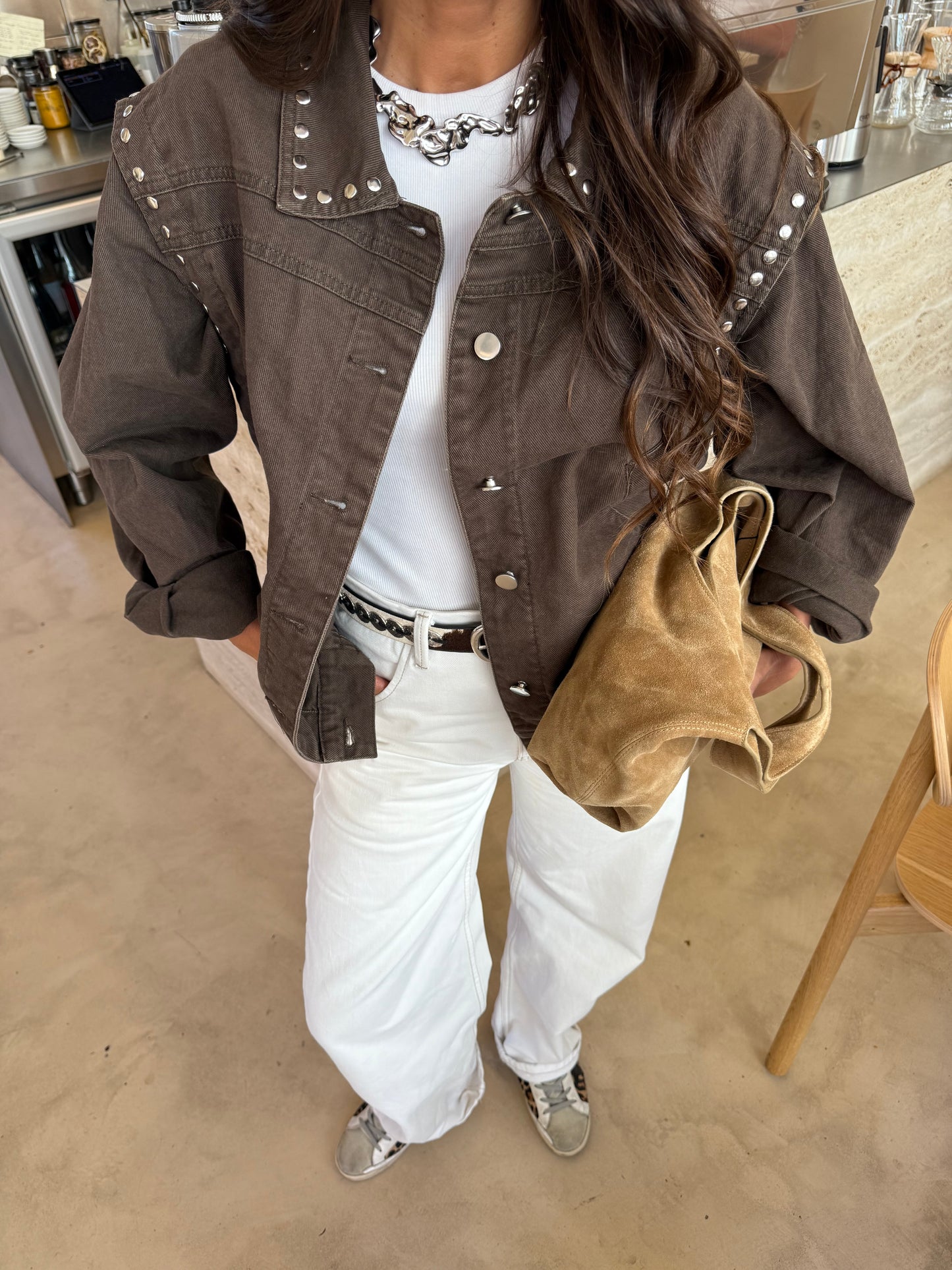 Oversize Studded Brown Denim Jacket