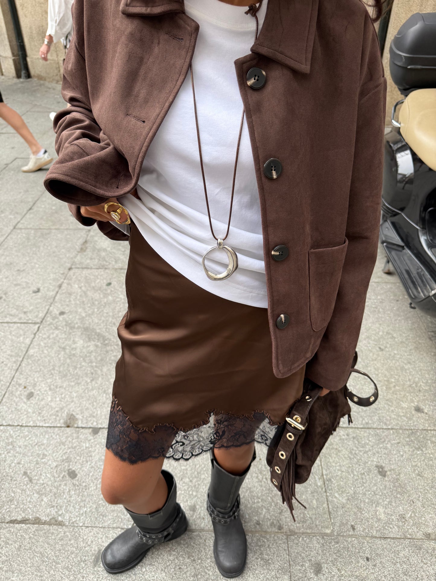 Brown Satin Skirt with Black Lace