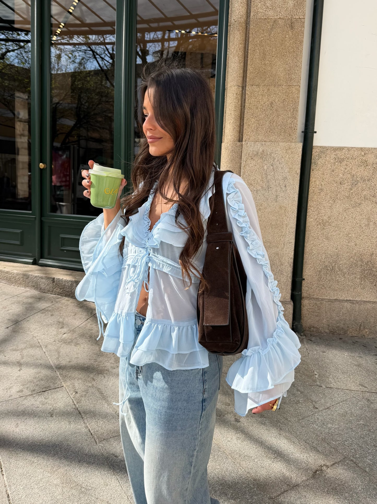 Sheer Ruffle Blouse in Baby Blue