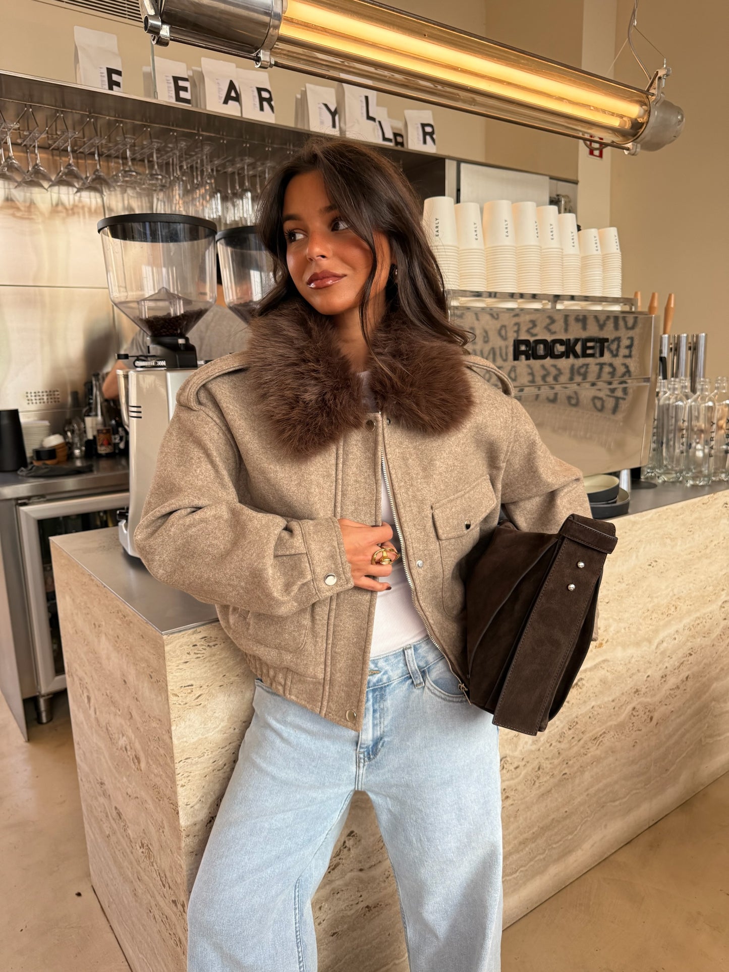 Almond Cropped Fur Collar Jacket