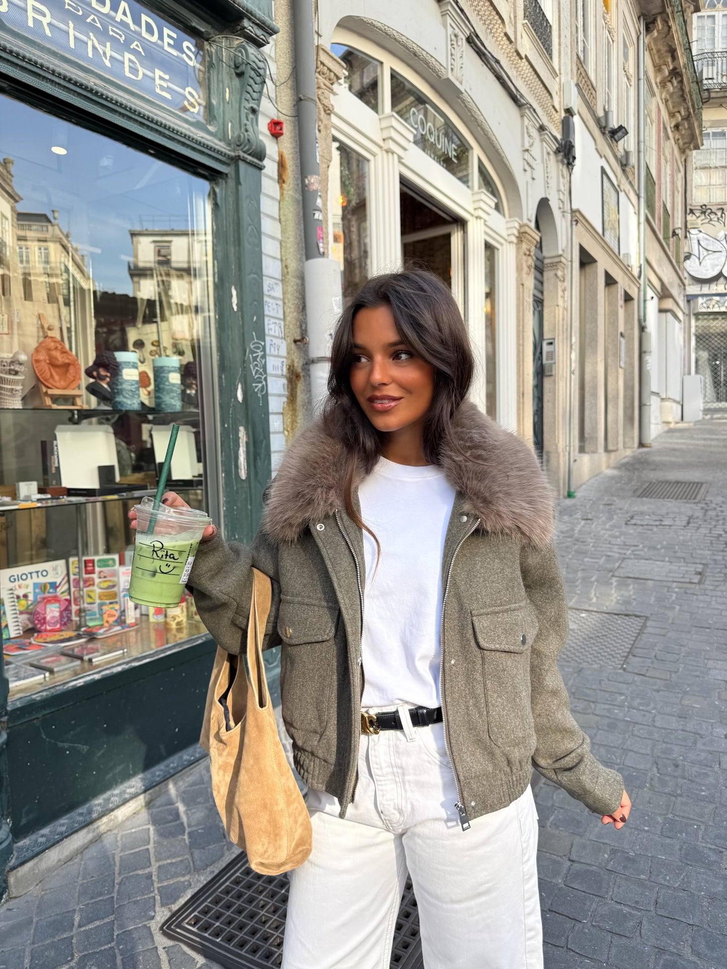 Green Cropped Fur Collar Jacket