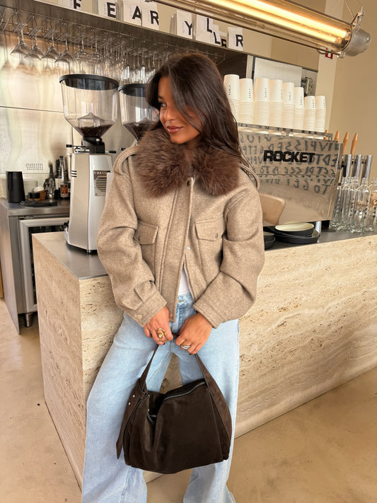 Almond Cropped Fur Collar Jacket