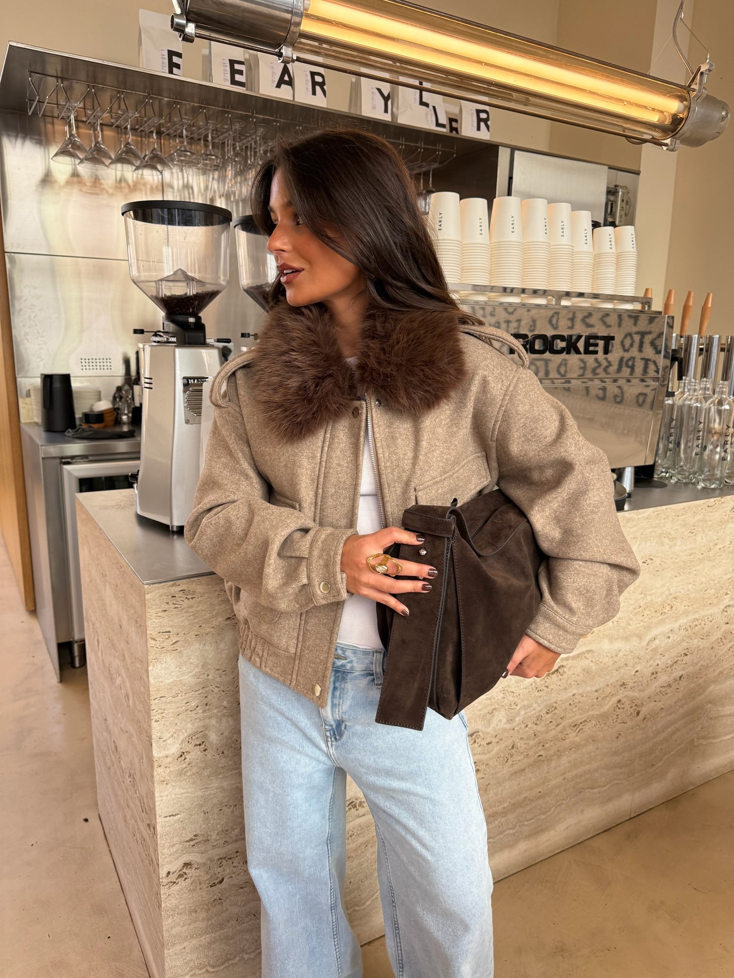Almond Cropped Fur Collar Jacket