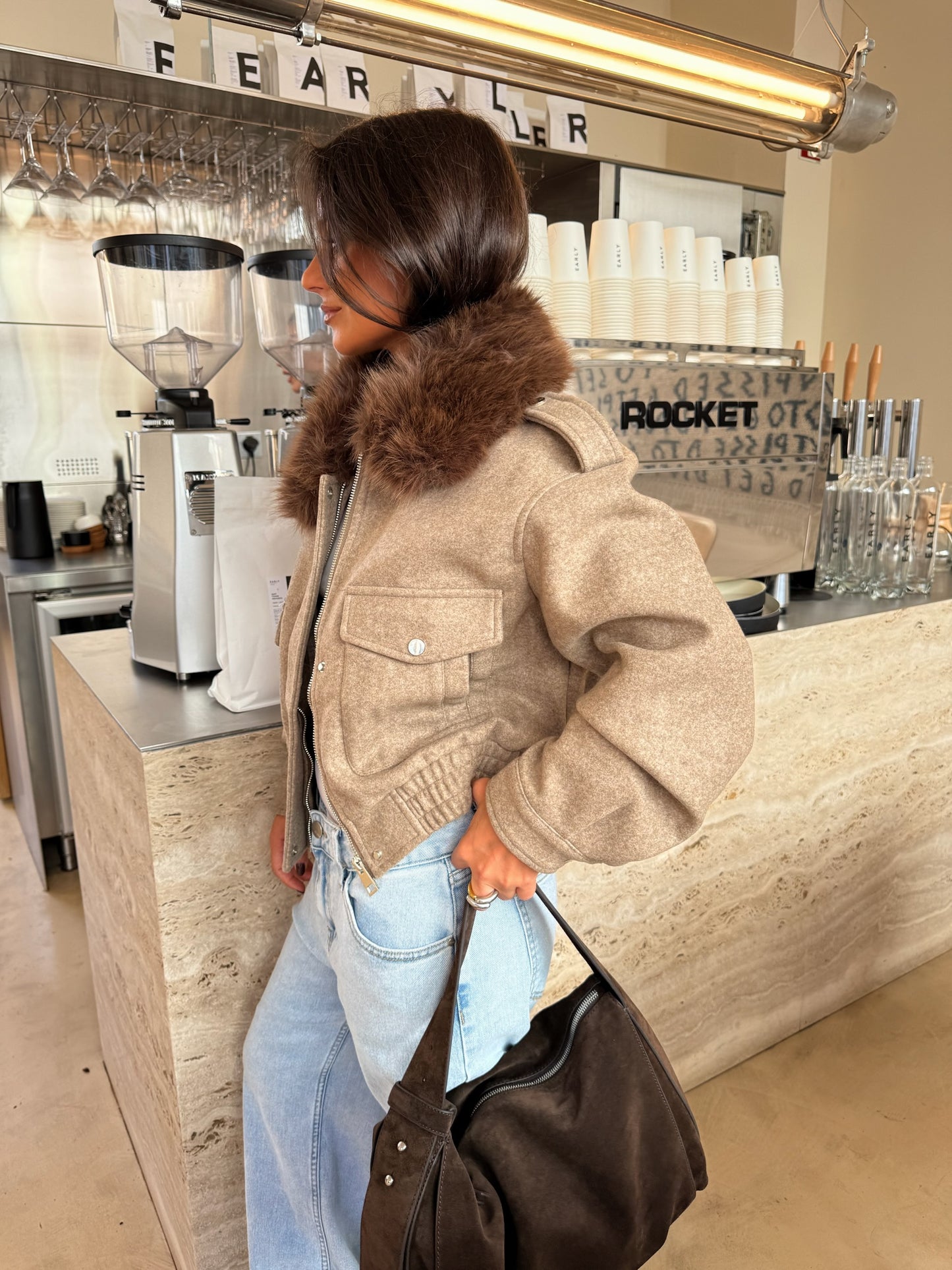 Almond Cropped Fur Collar Jacket