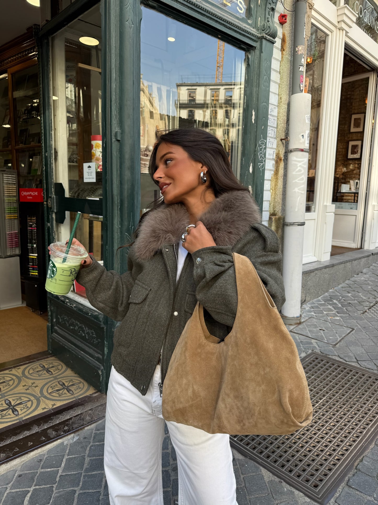 Green Cropped Fur Collar Jacket
