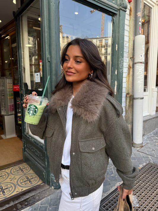 Green Cropped Fur Collar Jacket