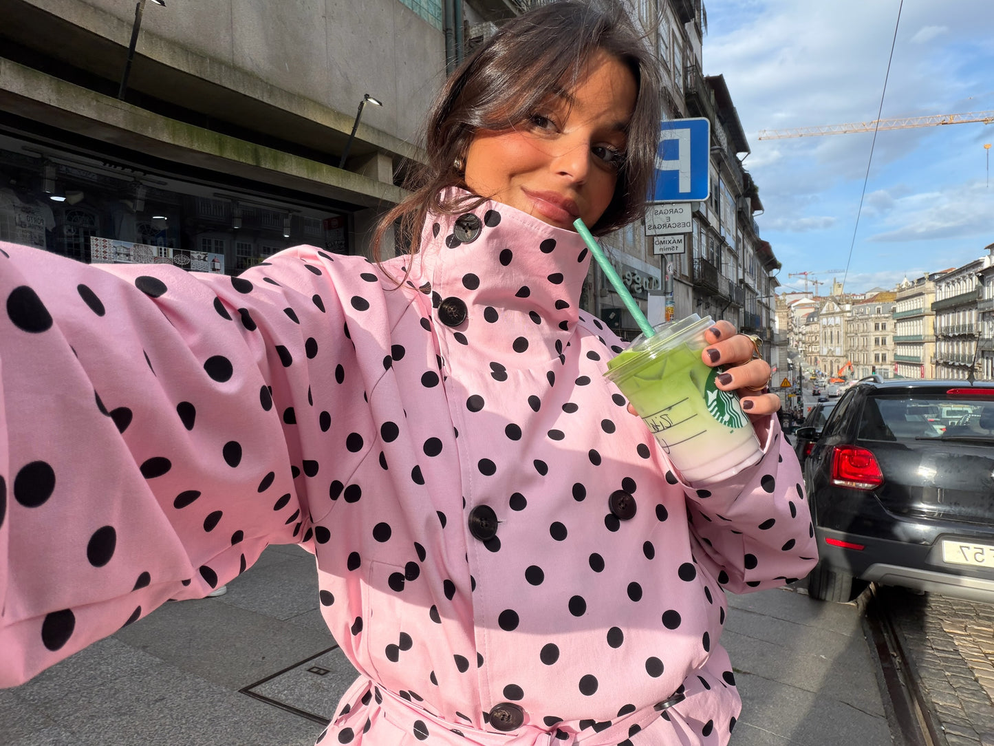 Cropped High Neck Polka Dot Trench Coat in Pink