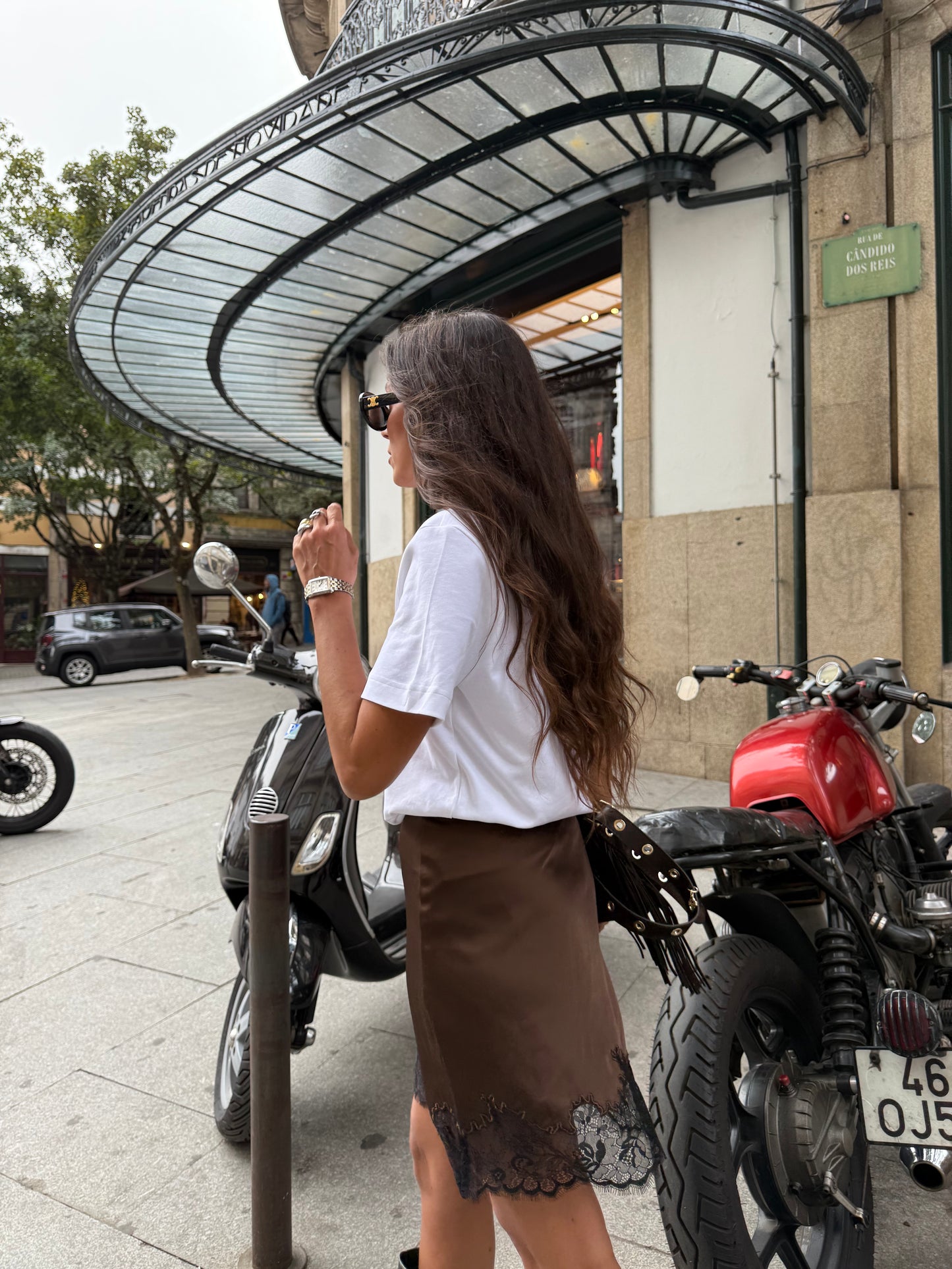 Brown Satin Skirt with Black Lace