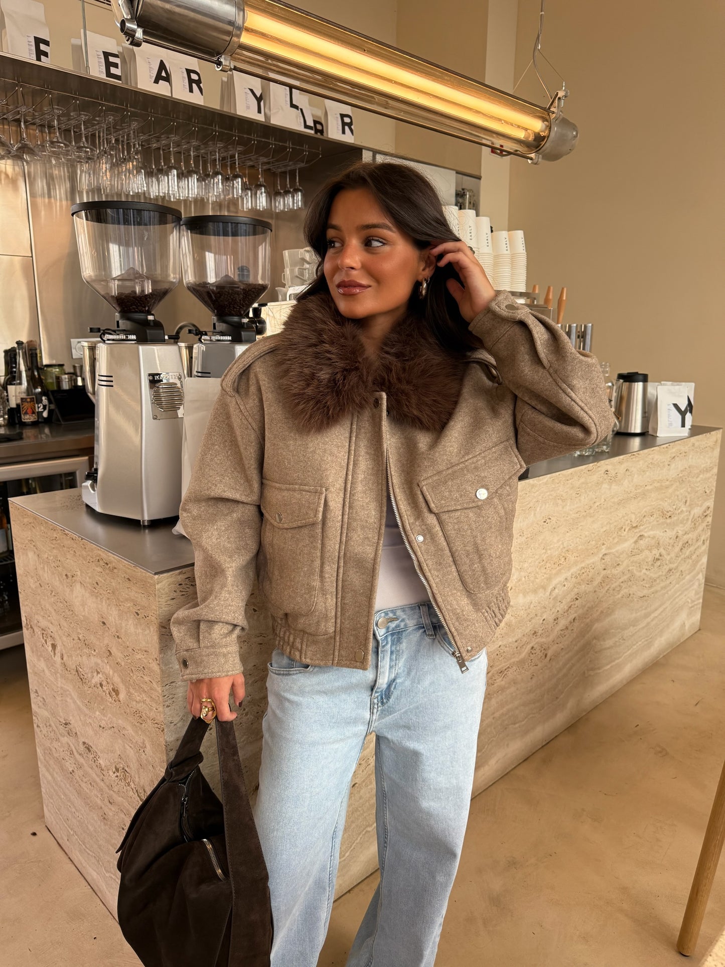 Almond Cropped Fur Collar Jacket