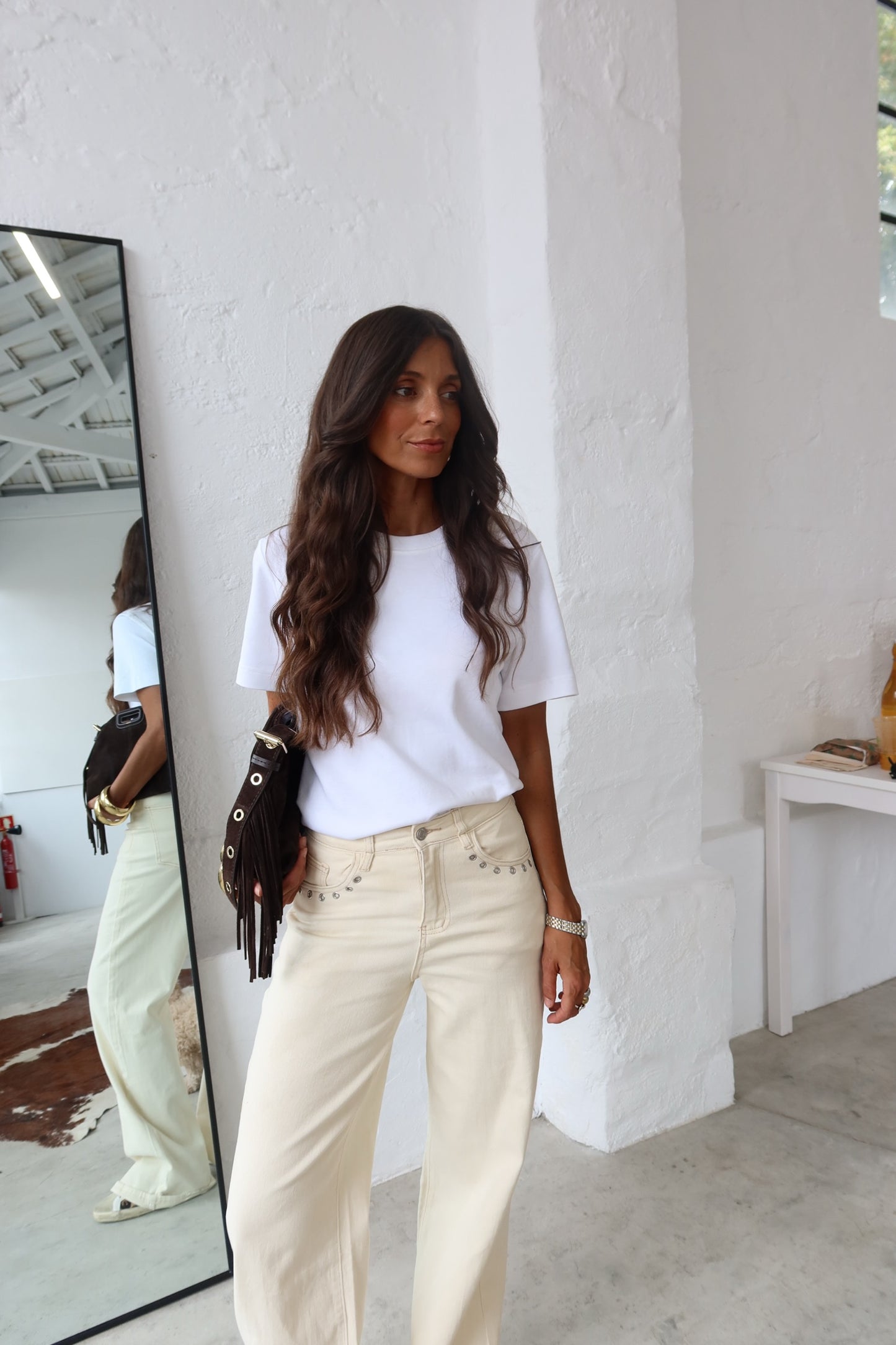 Beige Pants with Pocket Eyelets