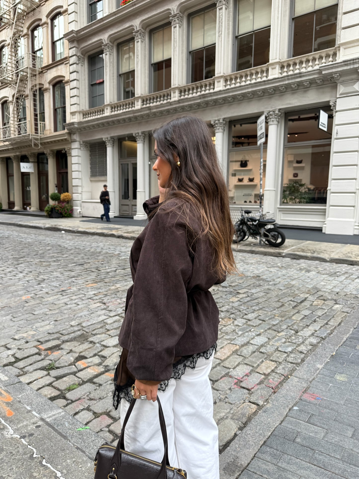SoHo Suede Belted Jacket in Brown