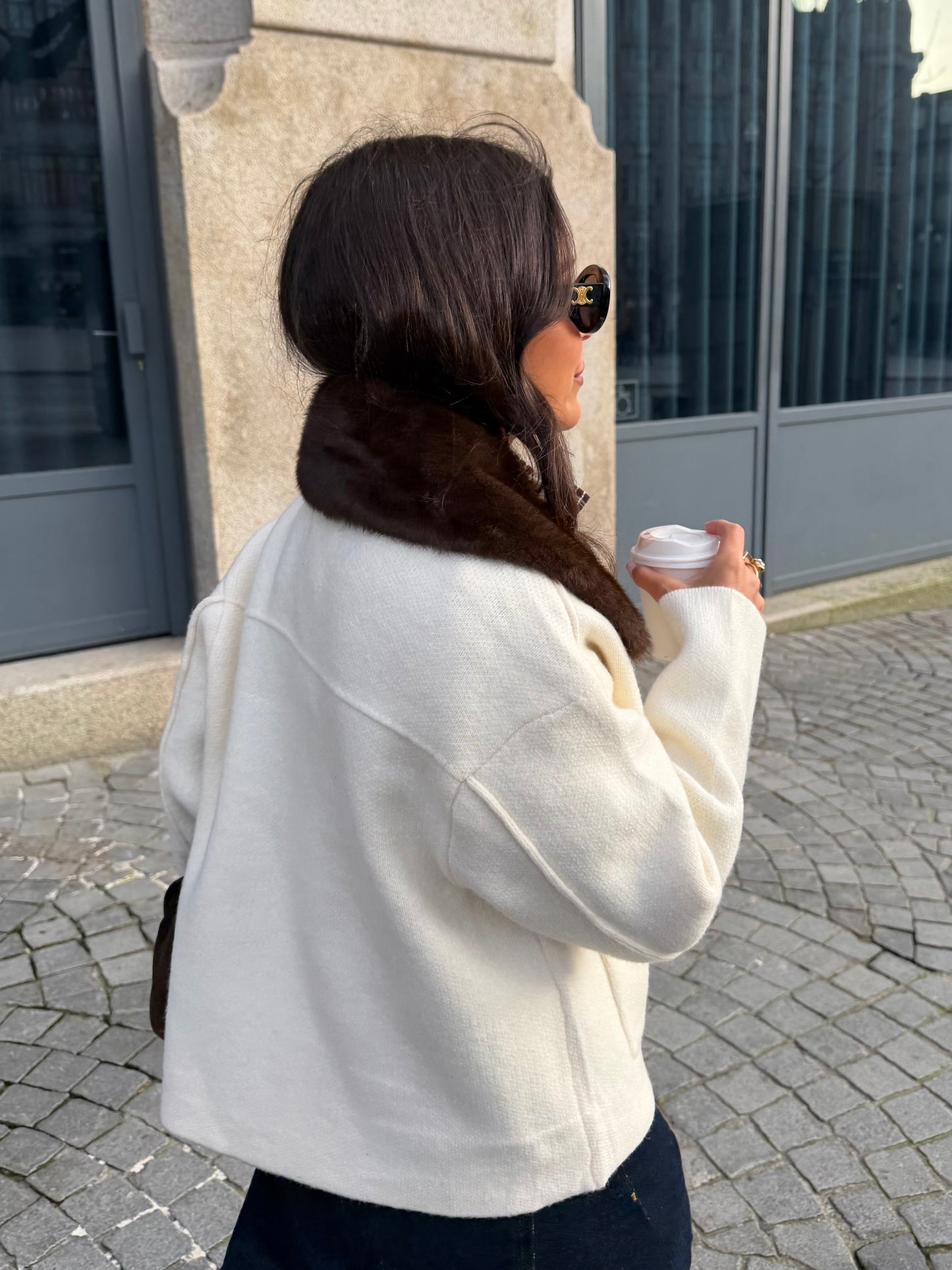 Cashmere and Wool Jacket with Fur Collar in Brown
