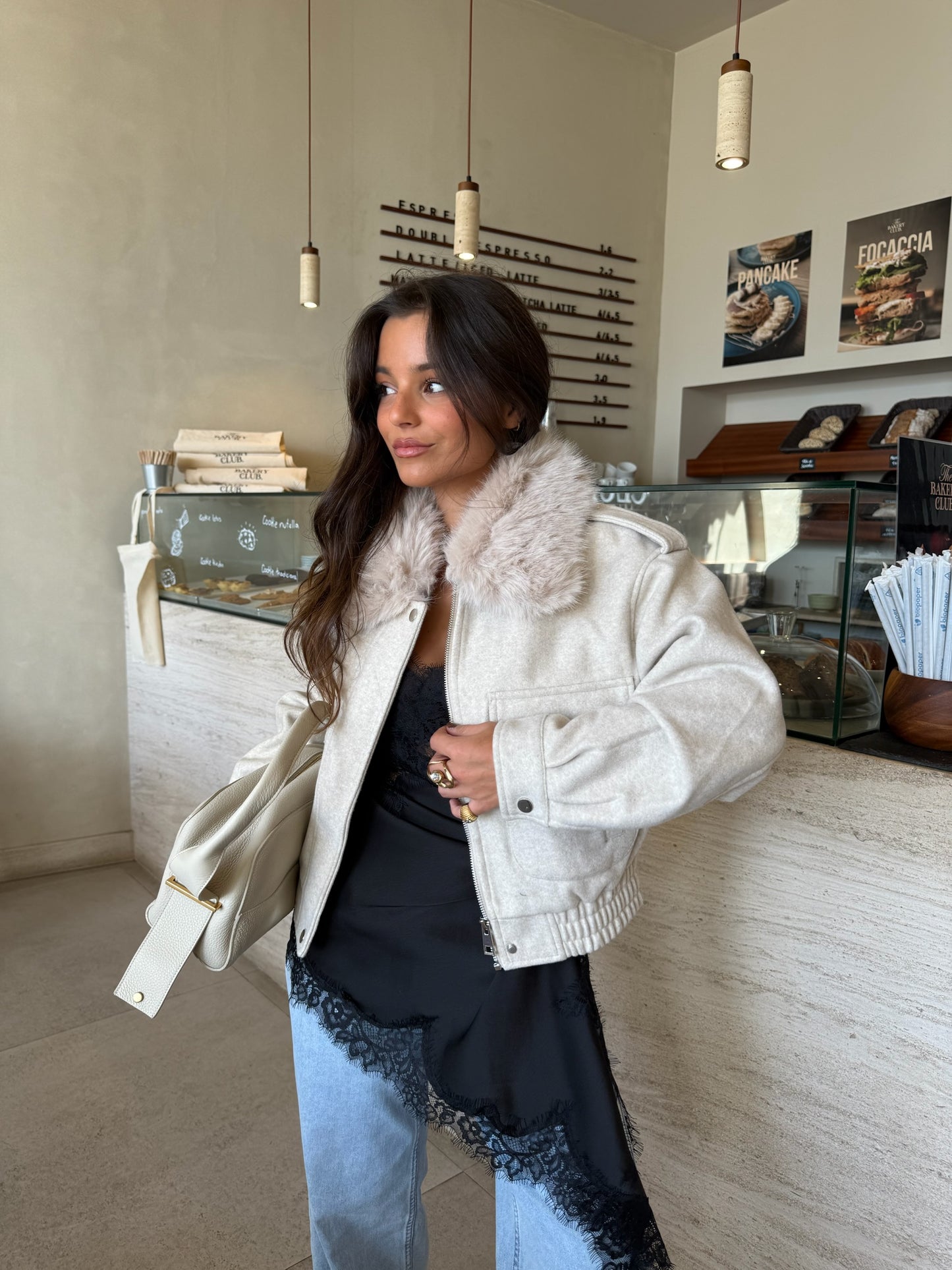 Beige Cropped Fur Collar