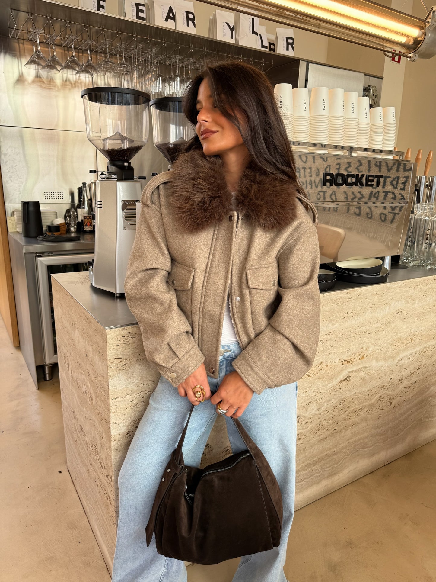 Almond Cropped Fur Collar Jacket