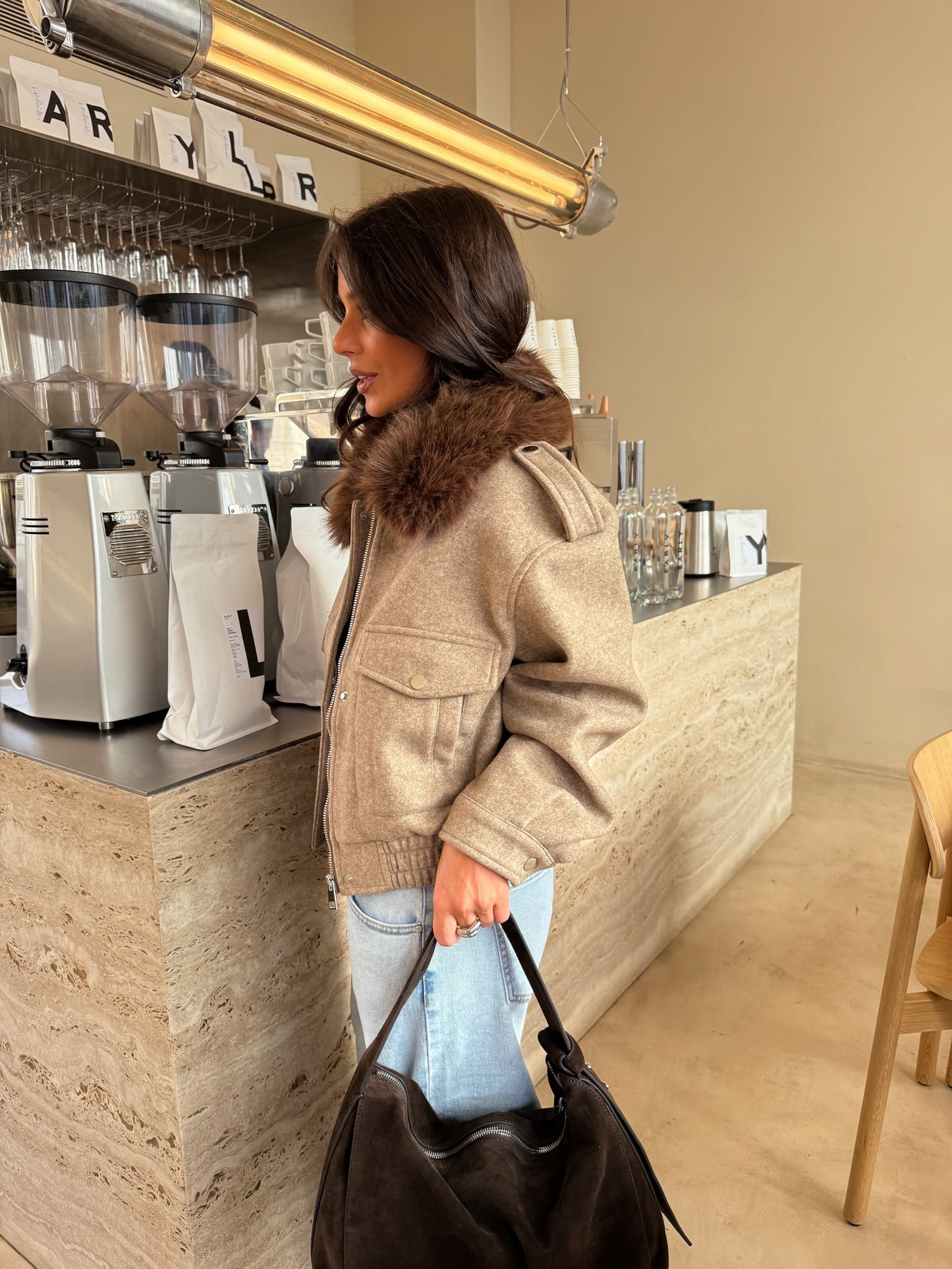Almond Cropped Fur Collar Jacket