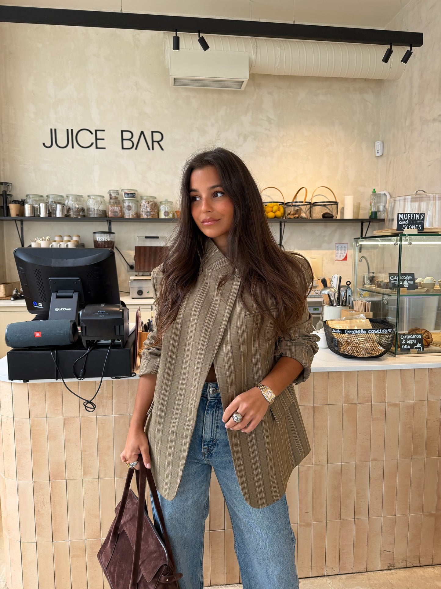 Asymmetrical Blazer in Taupe Plaid
