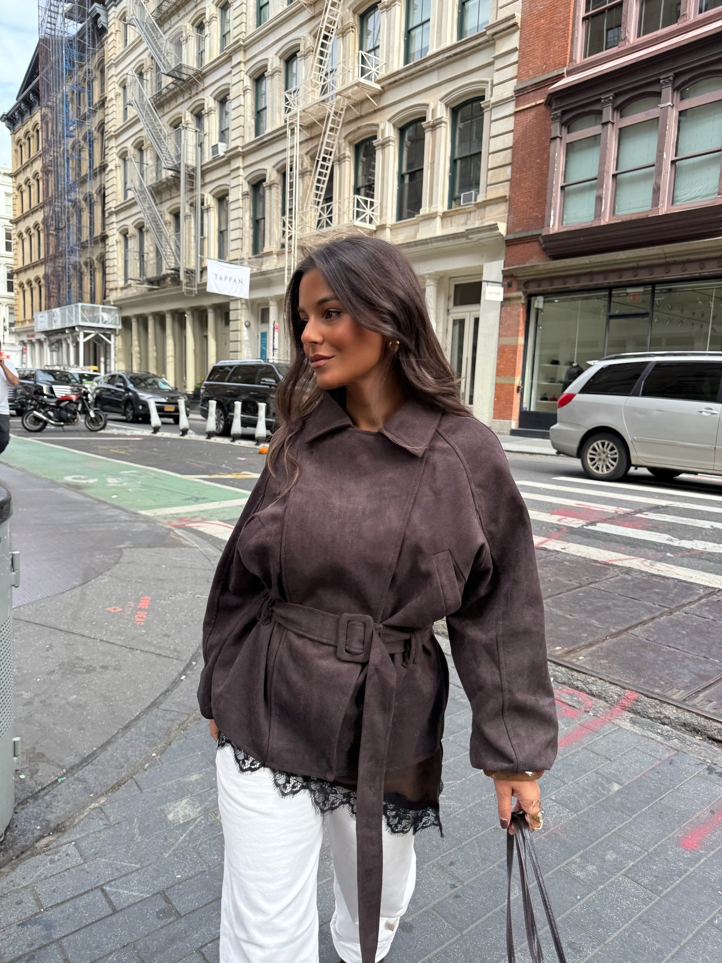 SoHo Suede Belted Jacket in Brown