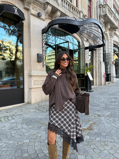 Asymmetrical Plaid Skirt with Lace