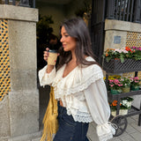 Lace Detail Ruffle Blouse in Cream