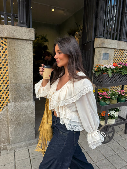 Lace Detail Ruffle Blouse in Cream