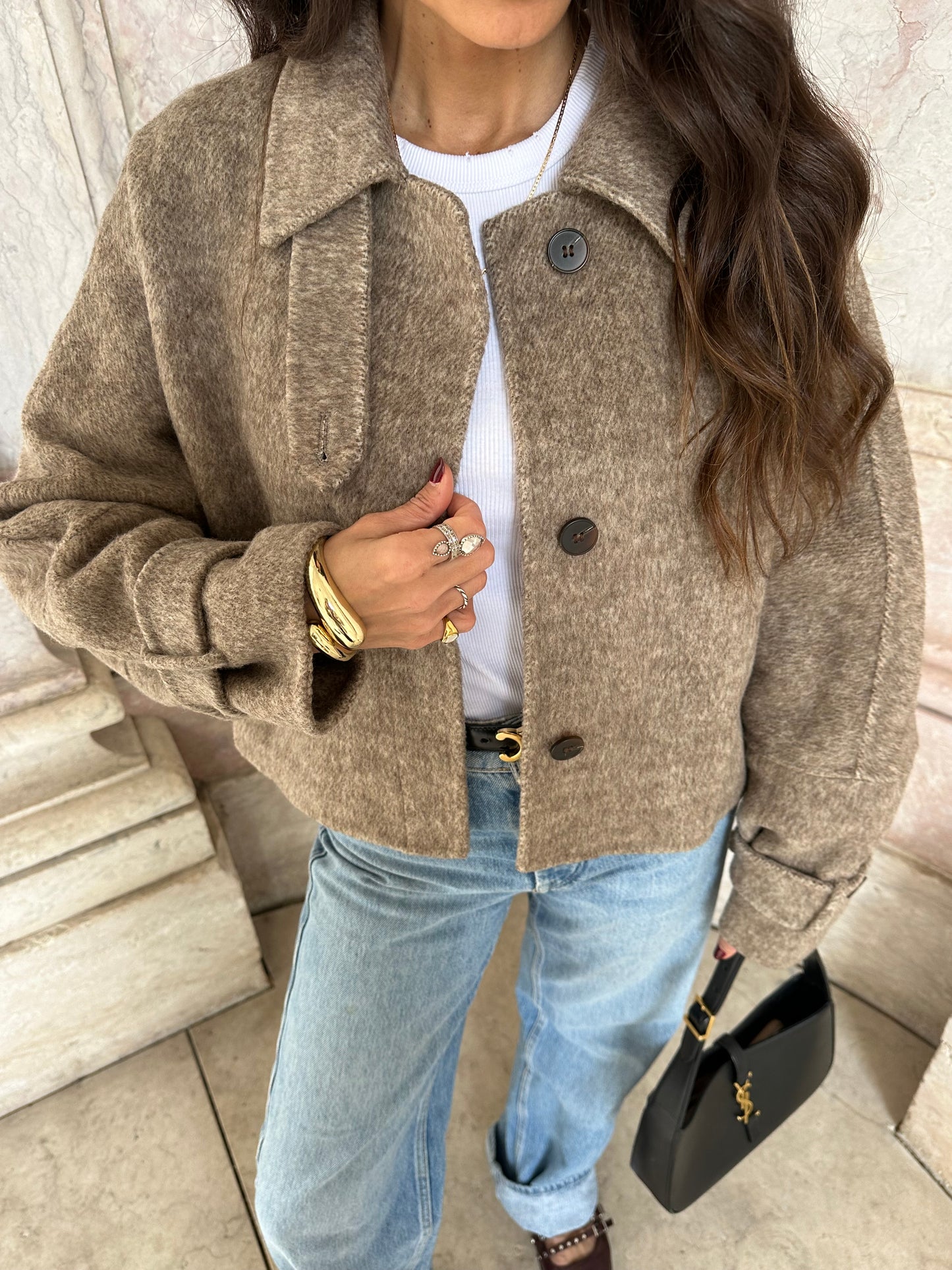 Cropped Wool Jacket in Taupe